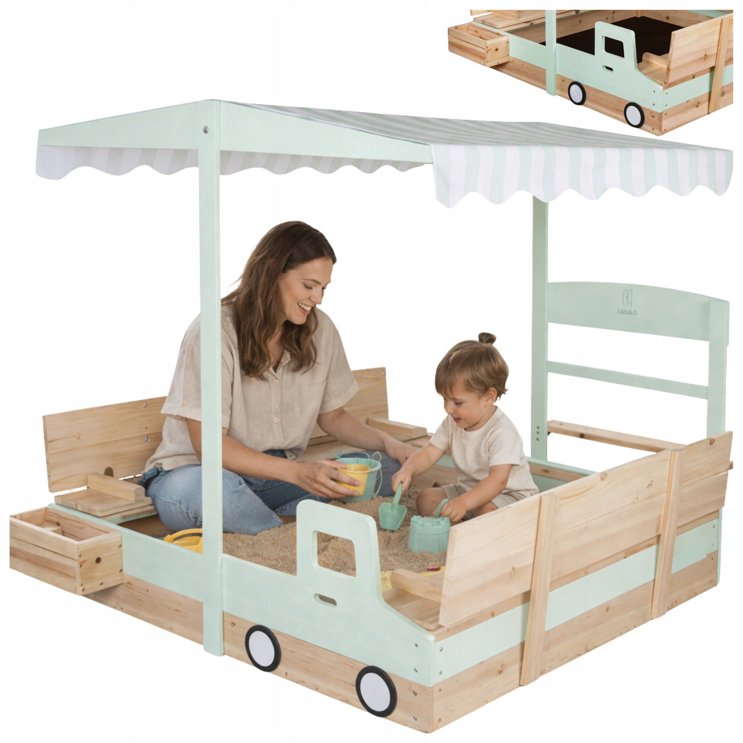 WOODEN SANDBOX FOR CHILDREN WITH CANOPY BENCHES CLOSED GARDEN 120CM
