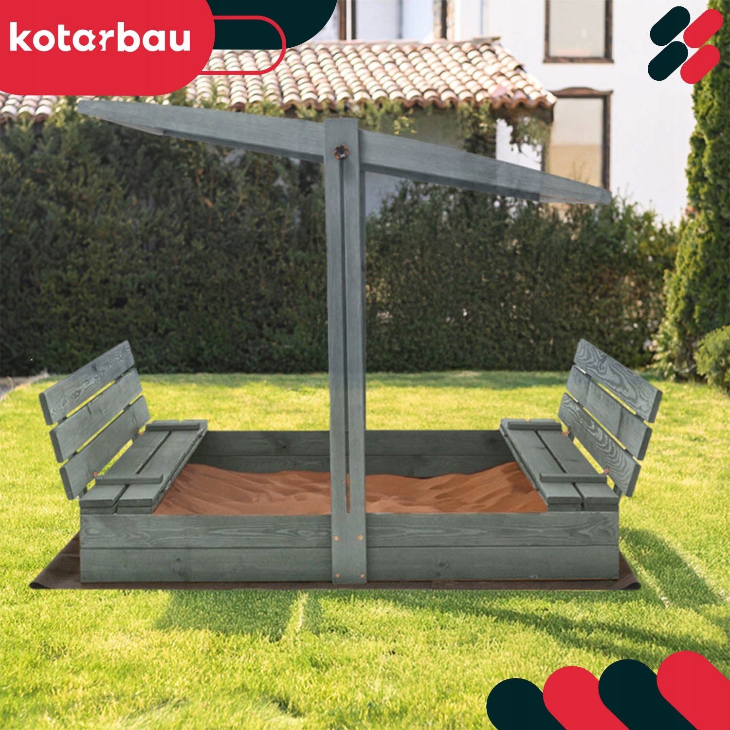 WOODEN SANDBOX FOR CHILDREN WITH VISOR GREY LARGE 140 CM IMPREGNATED Brand Kotarbau
