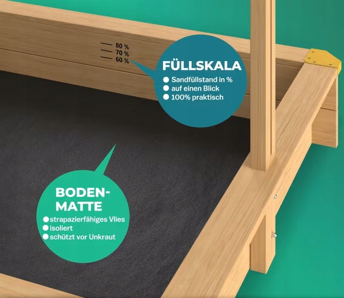 WOODEN SANDBOX WITH ADJUSTABLE ROOF 120 x 120 Brand Spielwerk