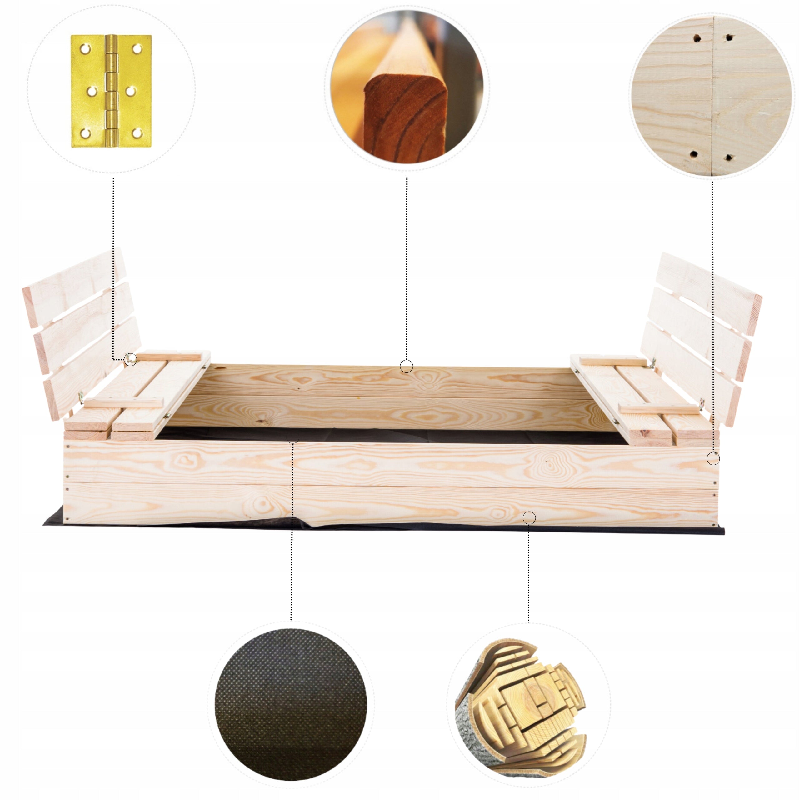 WOODEN SANDBOX WITH BENCHES CLOSED 140x140cm MANUFACTURER FREEBIES! Length 140 cm