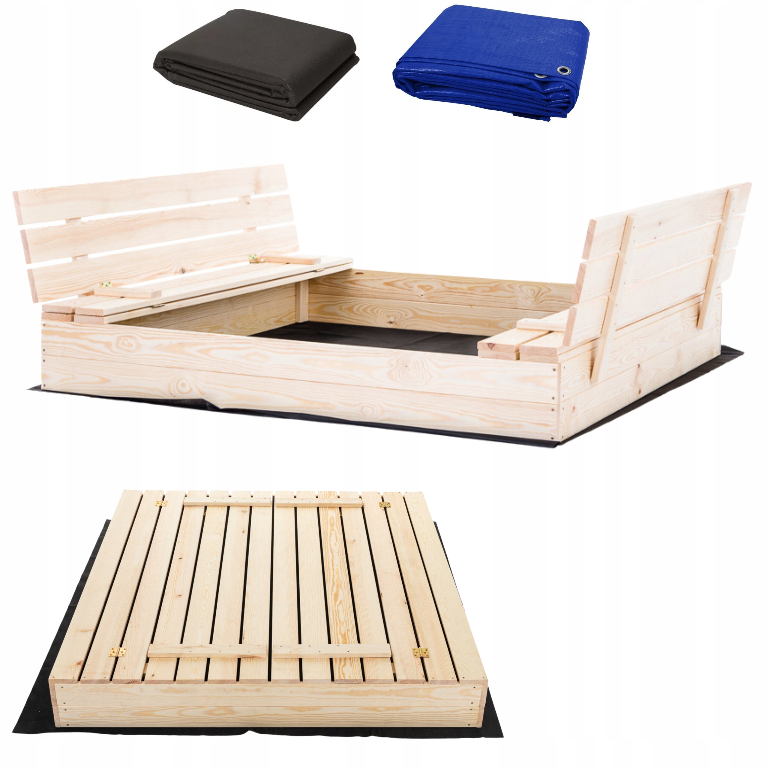 WOODEN SANDBOX WITH BENCHES CLOSED 140x140cm MANUFACTURER FREEBIES!