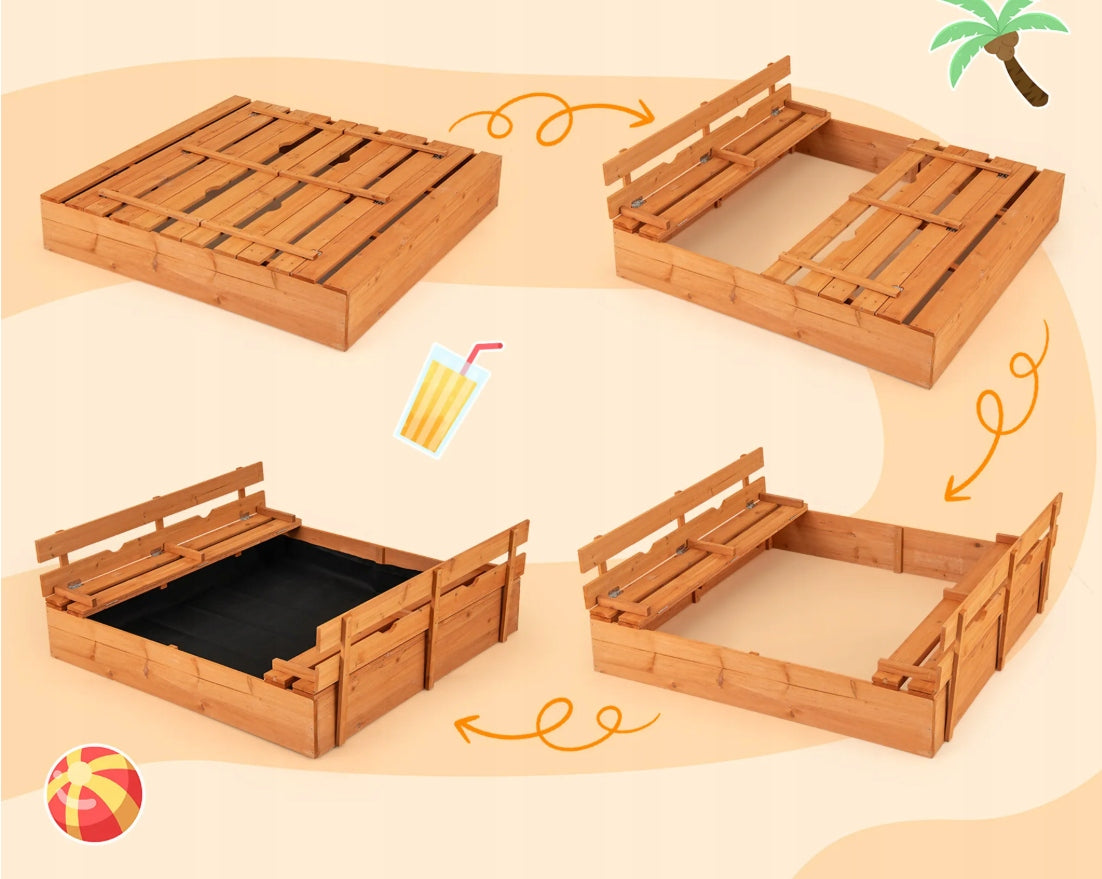 WOODEN SANDBOX WITH COVER AND BENCHES FOR CHILDREN GARDEN Manufacturer code TP10369YW