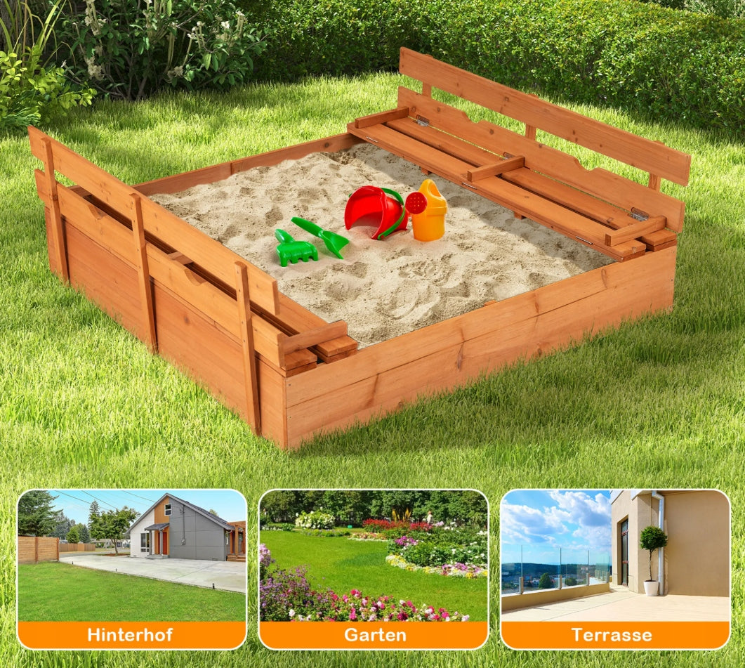 WOODEN SANDBOX WITH COVER AND BENCHES FOR CHILDREN GARDEN Packaging status original