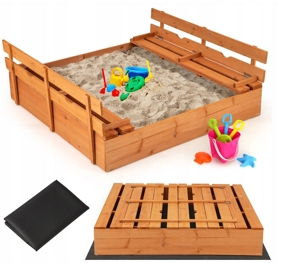 WOODEN SANDBOX WITH COVER AND BENCHES FOR CHILDREN GARDEN