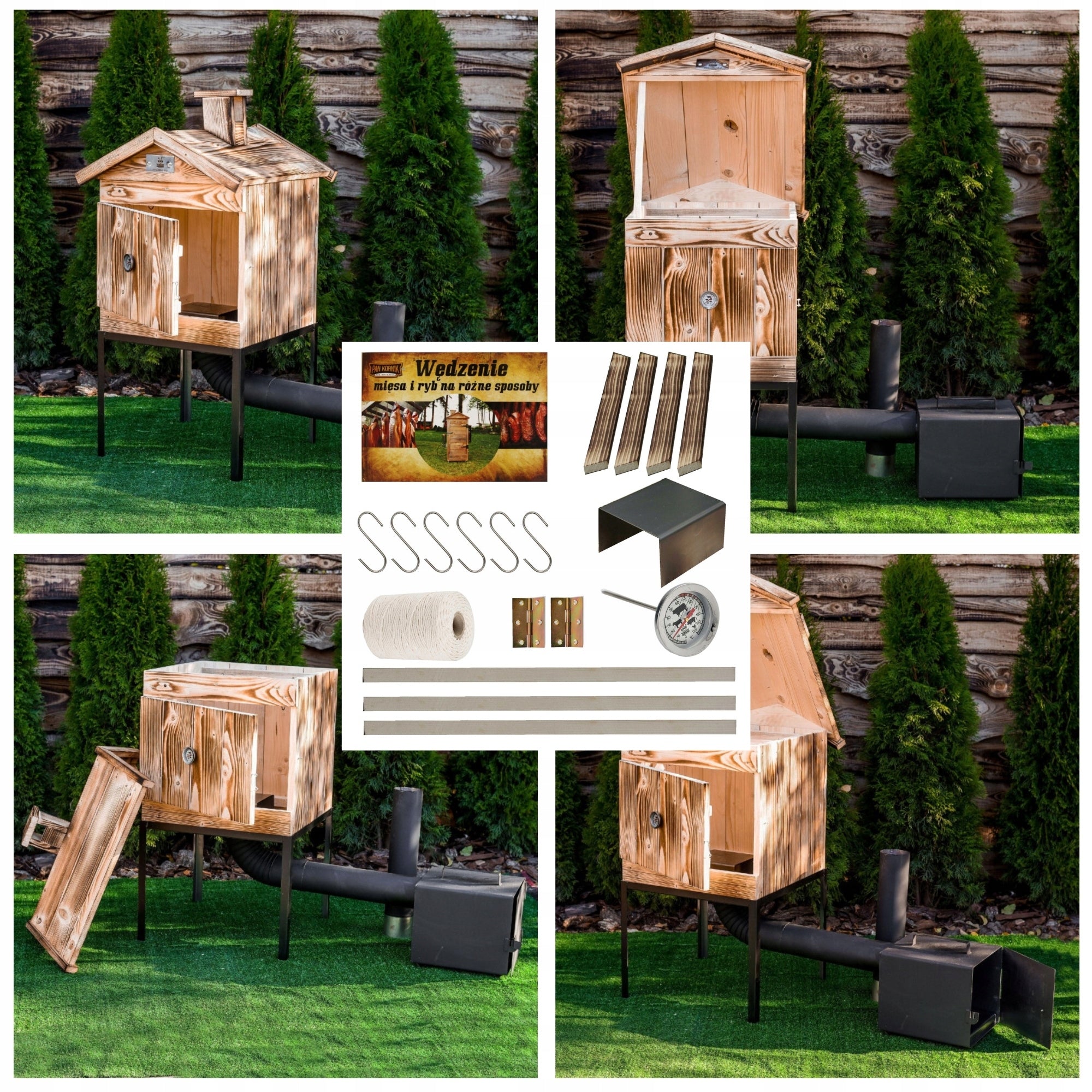 WOODEN SMOKEHOUSE HIGH 70 CM – READY SET WITH FREE FIREPLACE 4XL Grill depth 48 cm
