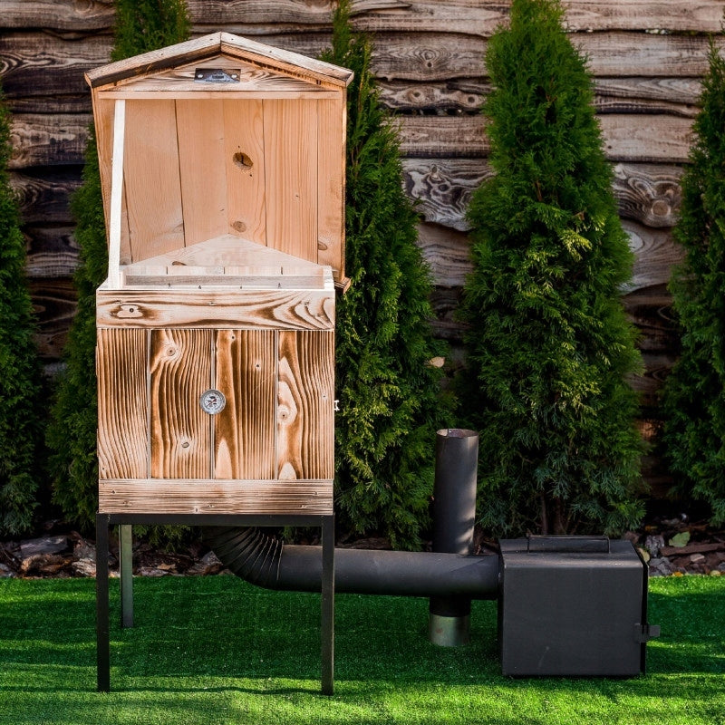 WOODEN SMOKEHOUSE HIGH 70 CM – READY SET WITH FREE FIREPLACE 4XL Grill width 48 cm
