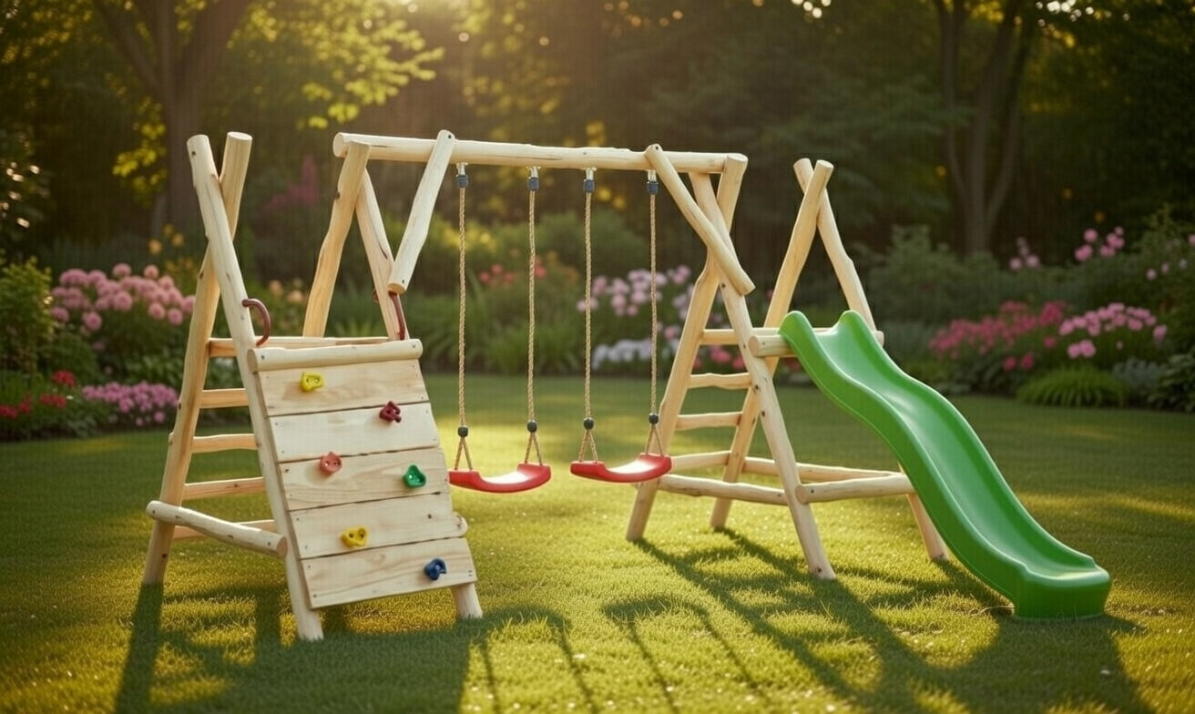 WOODEN SQUARE TOYS FOR GARDEN CHEERFUL SQUARE SLIDE 2SWINGS IMPREGNATED Kind wooden