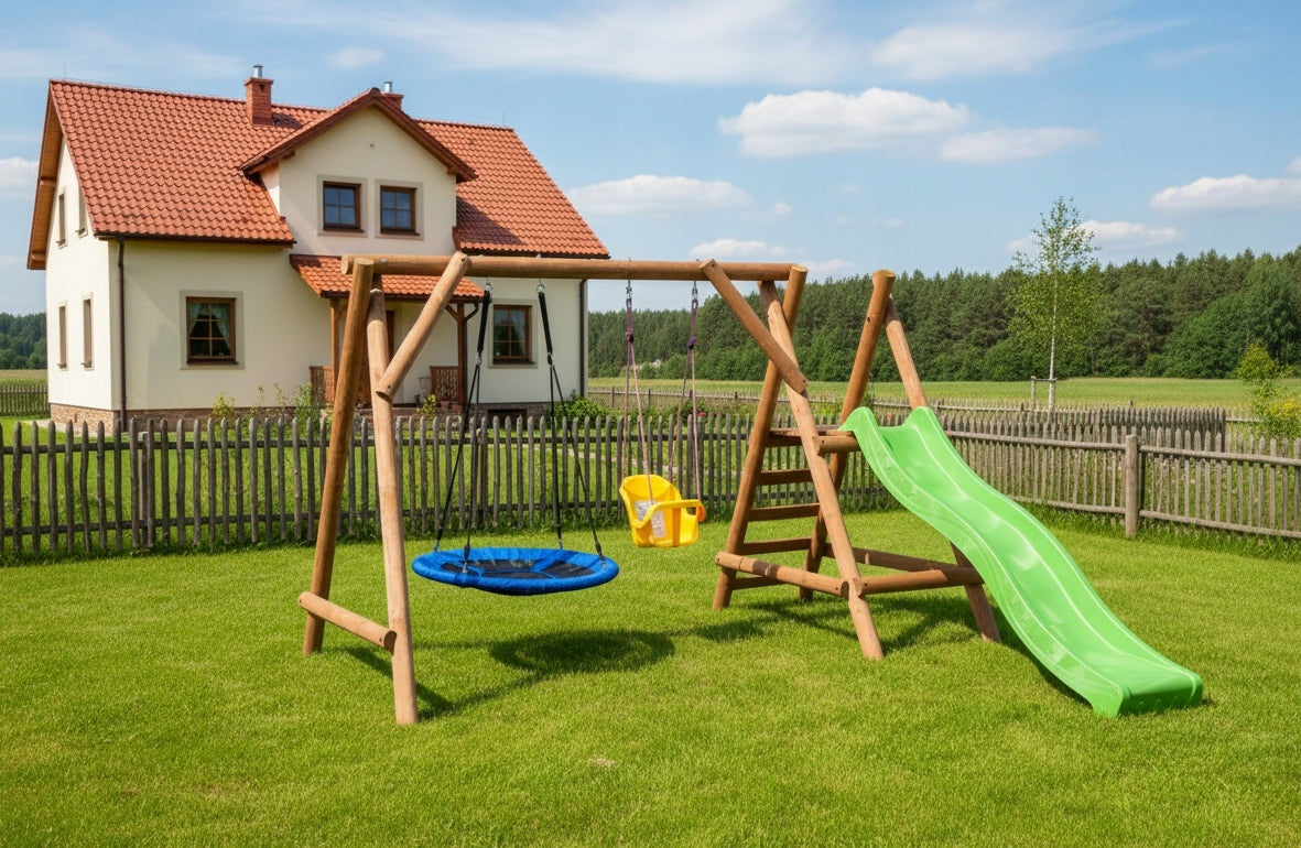 WOODEN SQUARE TOYS FOR GARDEN MINI IMPREGNATED SLIDE 2 SWINGS Kid's age 6＋ months