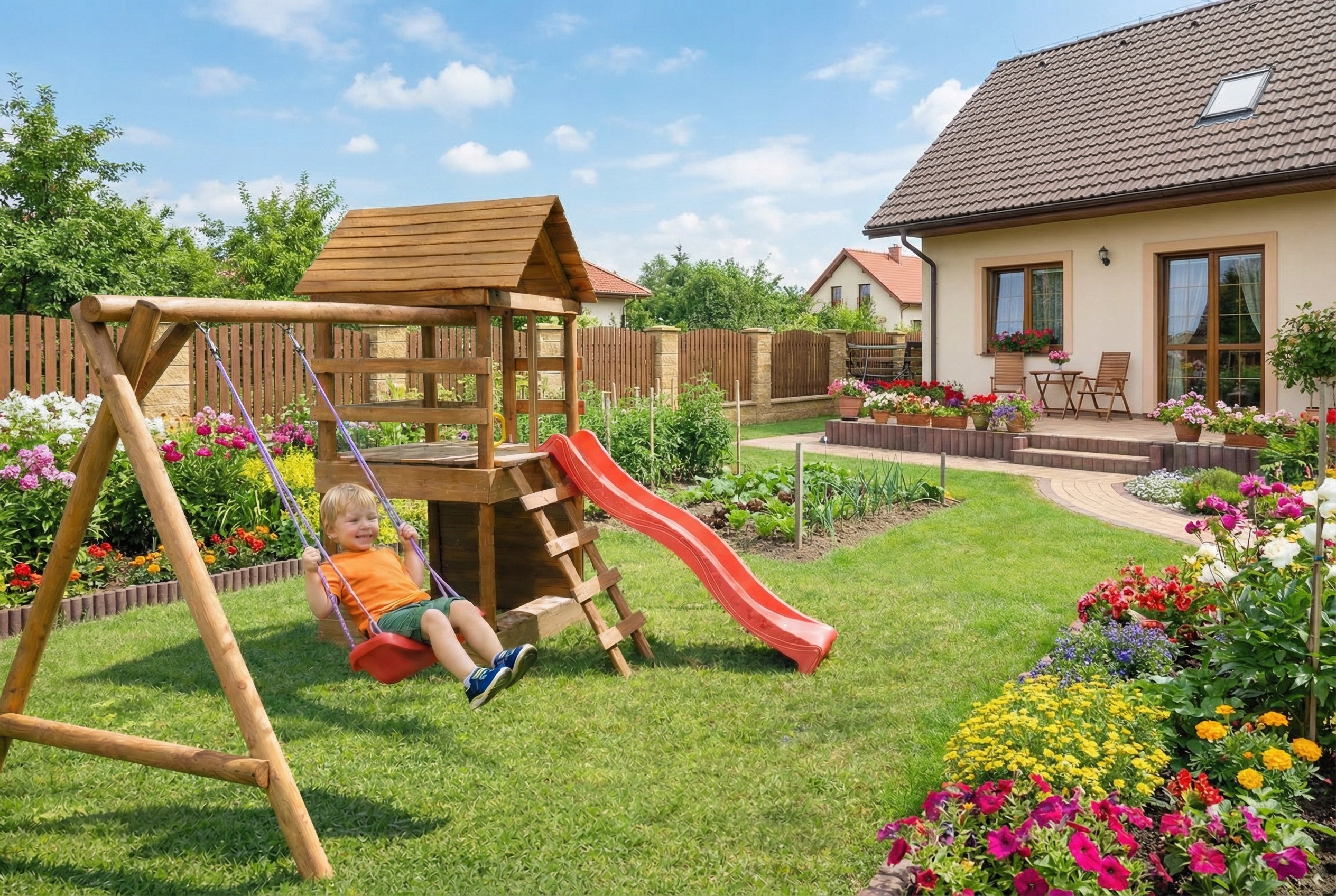 WOODEN SQUARE TOYS FOR GARDEN WITH COTTAGE IMPREGNATED,SLIDE 2SWINGS Manufacturer code SUPER-PLACE