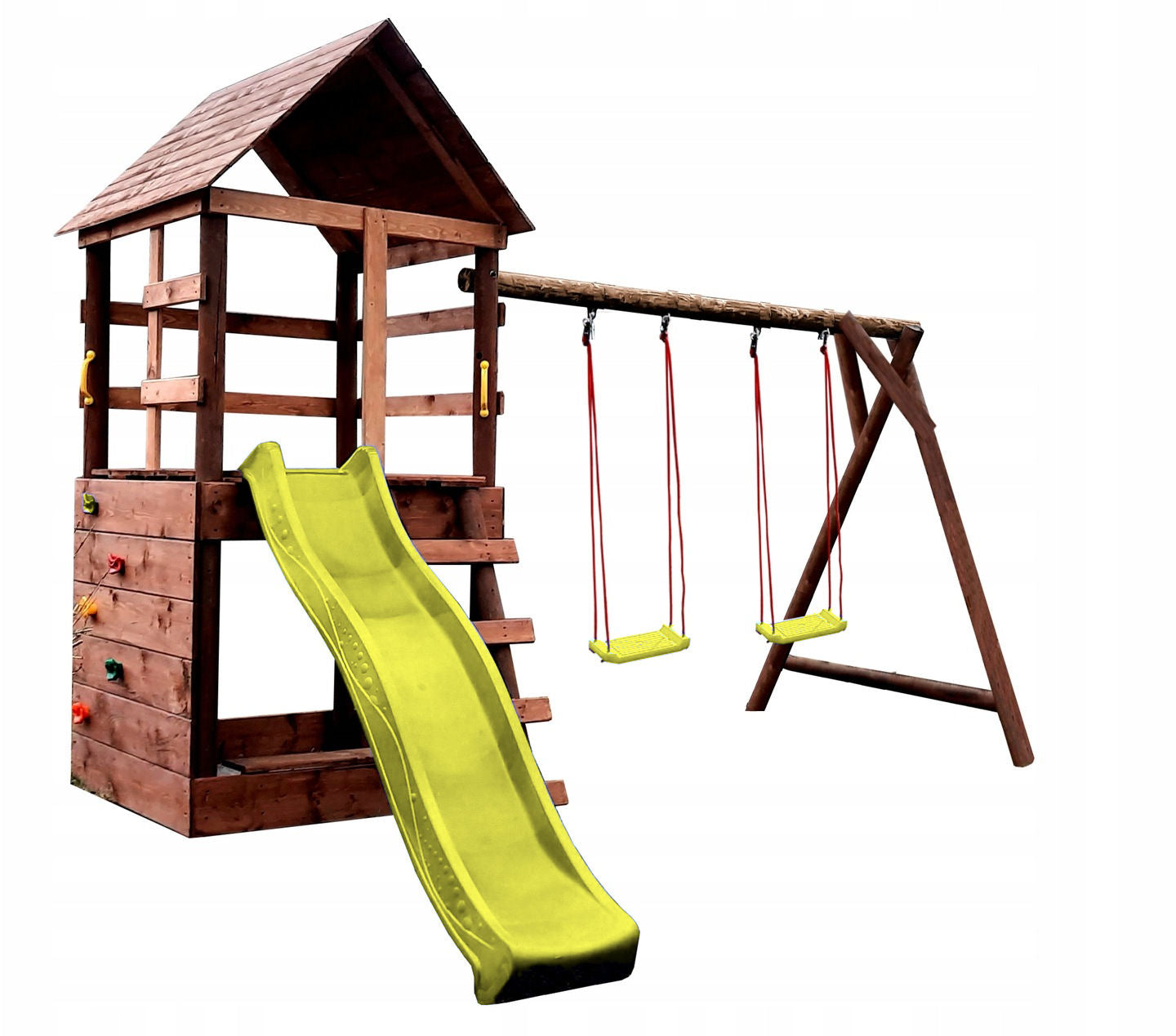 WOODEN SQUARE TOYS FOR GARDEN WITH COTTAGE IMPREGNATED,SLIDE 2SWINGS