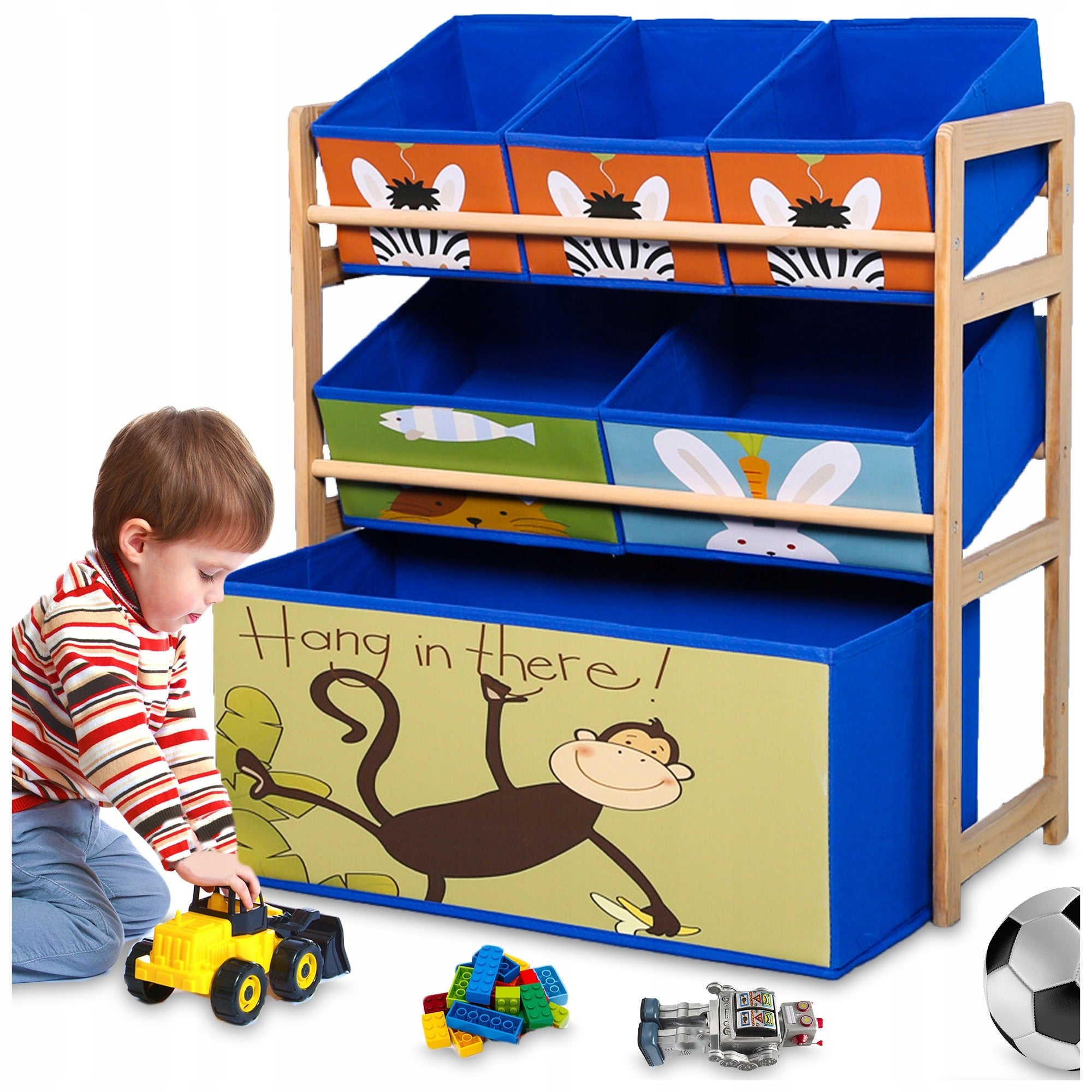 WOODEN TOY CONTAINER CHILDREN'S BOOKCASE ORGANIZER 6x TEXTILE SHELVES Packaging status original