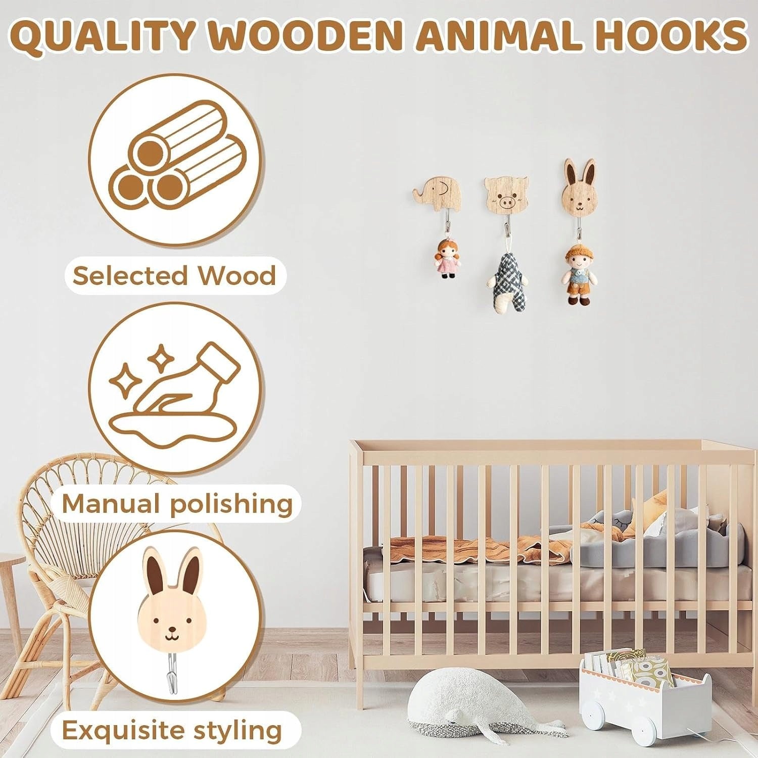 WOODEN WALL HOOKS FOR CHILDREN 8 PCS ANIMALS SELF-ADHESIVE SET Brand no brand