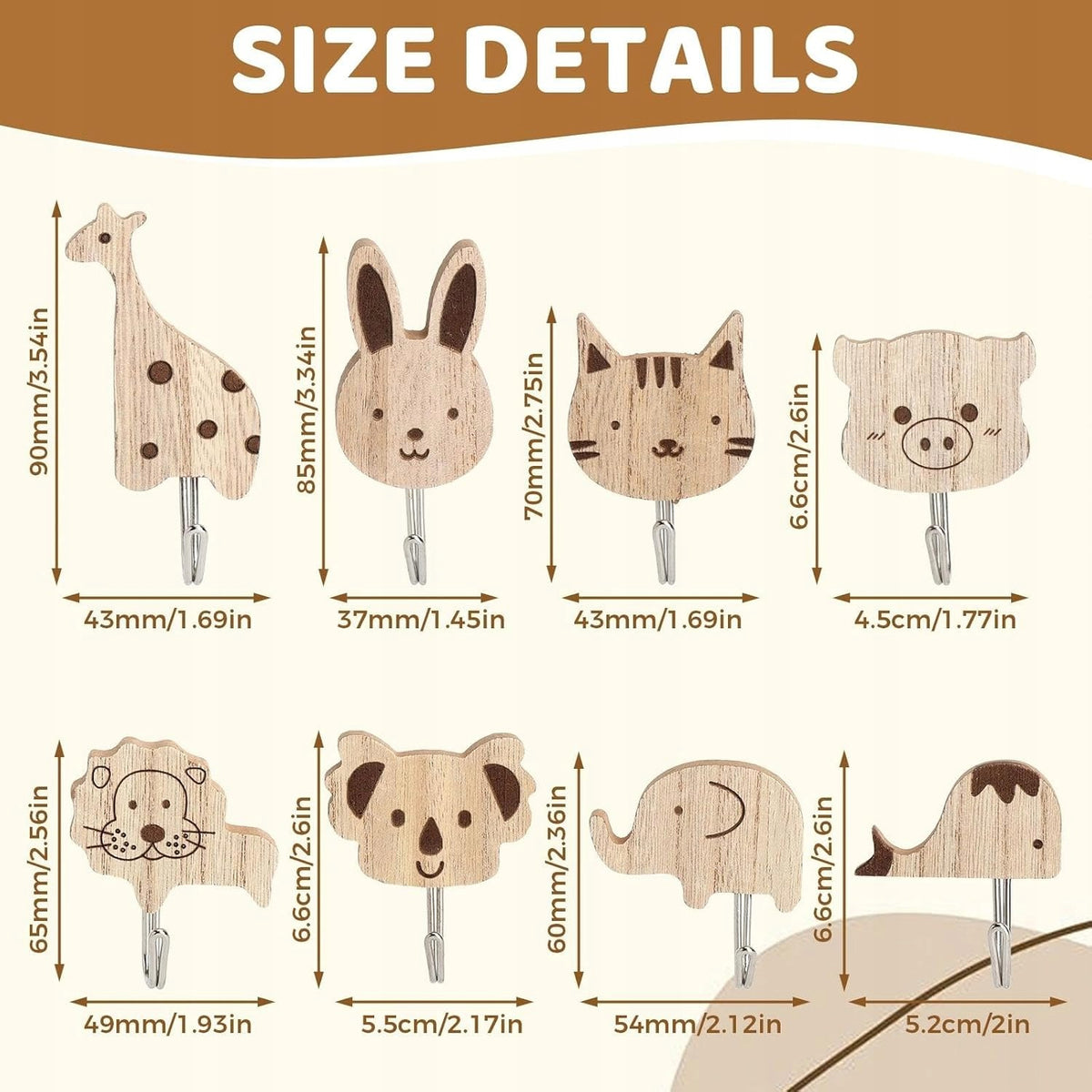 WOODEN WALL HOOKS FOR CHILDREN 8 PCS ANIMALS SELF-ADHESIVE SET Manufacturer code DREWNIANE HACZYKI ŚCIENNE DLA DZIECI 8 SZT.