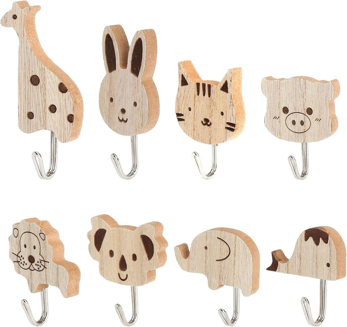 WOODEN WALL HOOKS FOR CHILDREN 8 PCS ANIMALS SELF-ADHESIVE SET