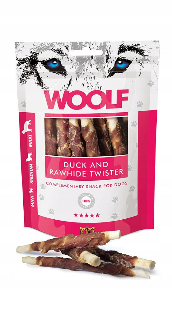 WOOLF DUCK AND RAWHIDE TWISTER Dog Treat Chopsticks with Duck 100g