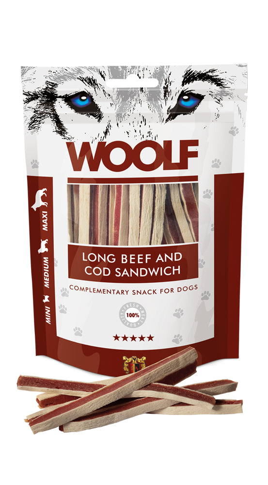WOOLF LONG BEEF COD SANDWICH Dog Treat Striped Beef with Cod 100g