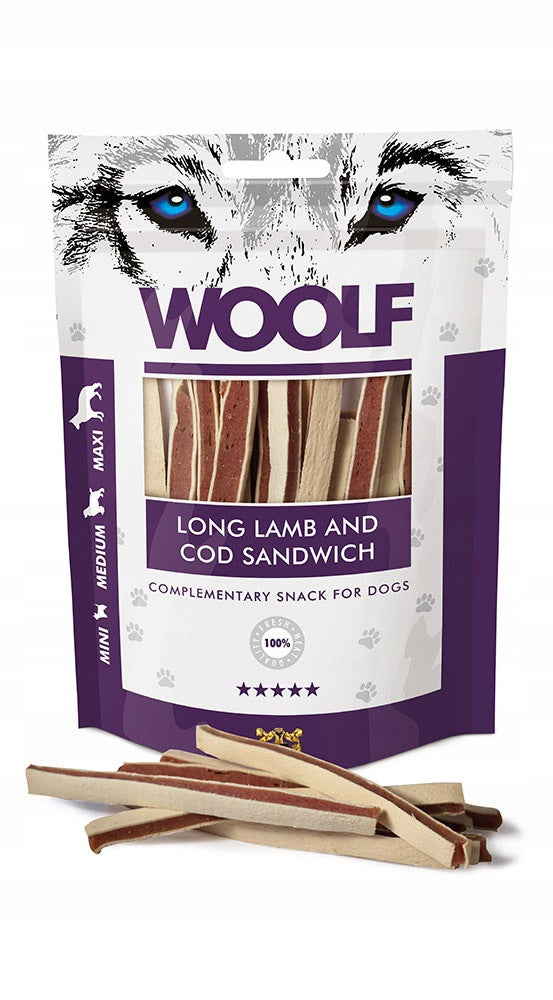 WOOLF LONG LAMB COD SANDWICH Dog Treat Lamb with Cod 100g