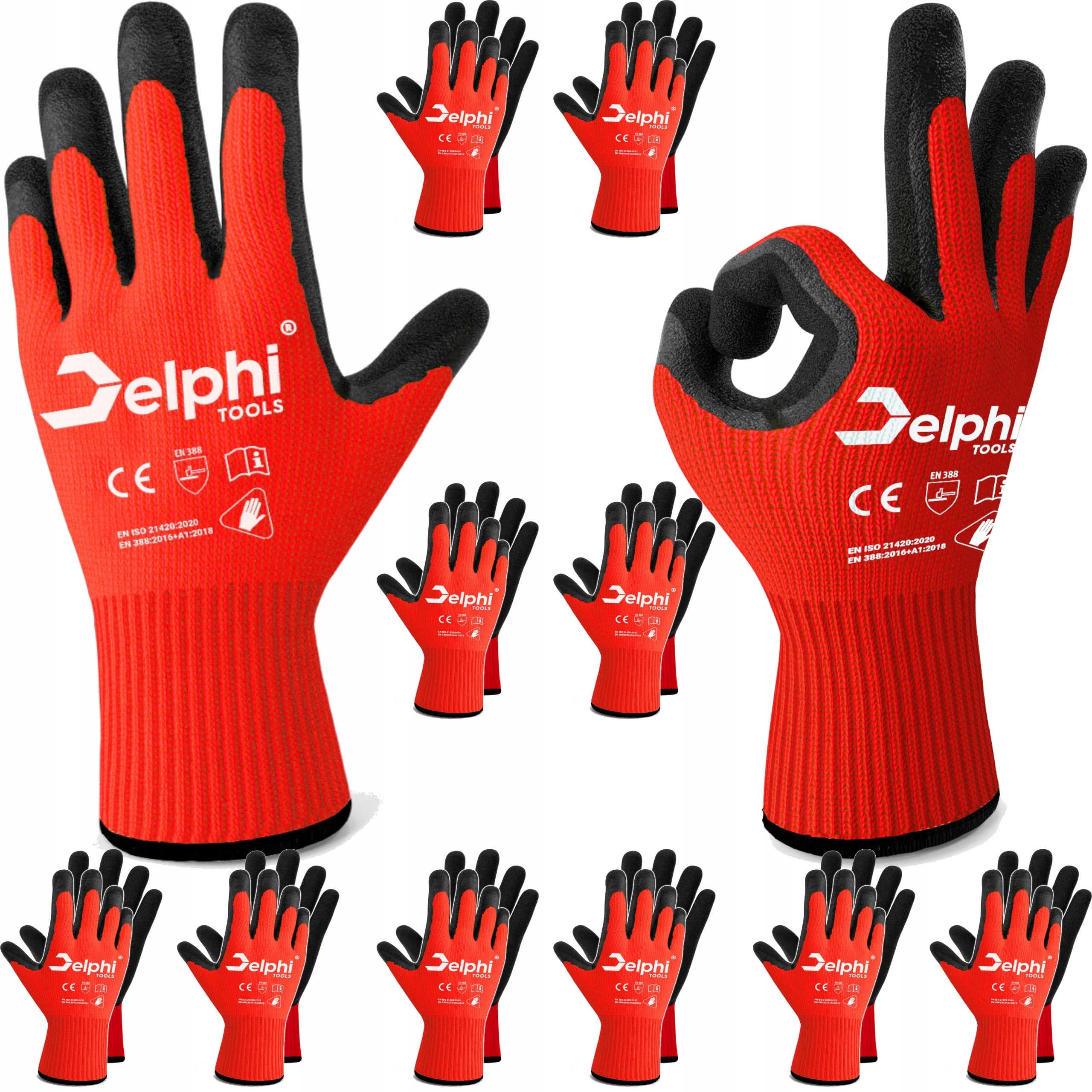 WORK GLOVES PROTECTIVE GLOVES XL LATEX COATED STRONG 10 PAIRS