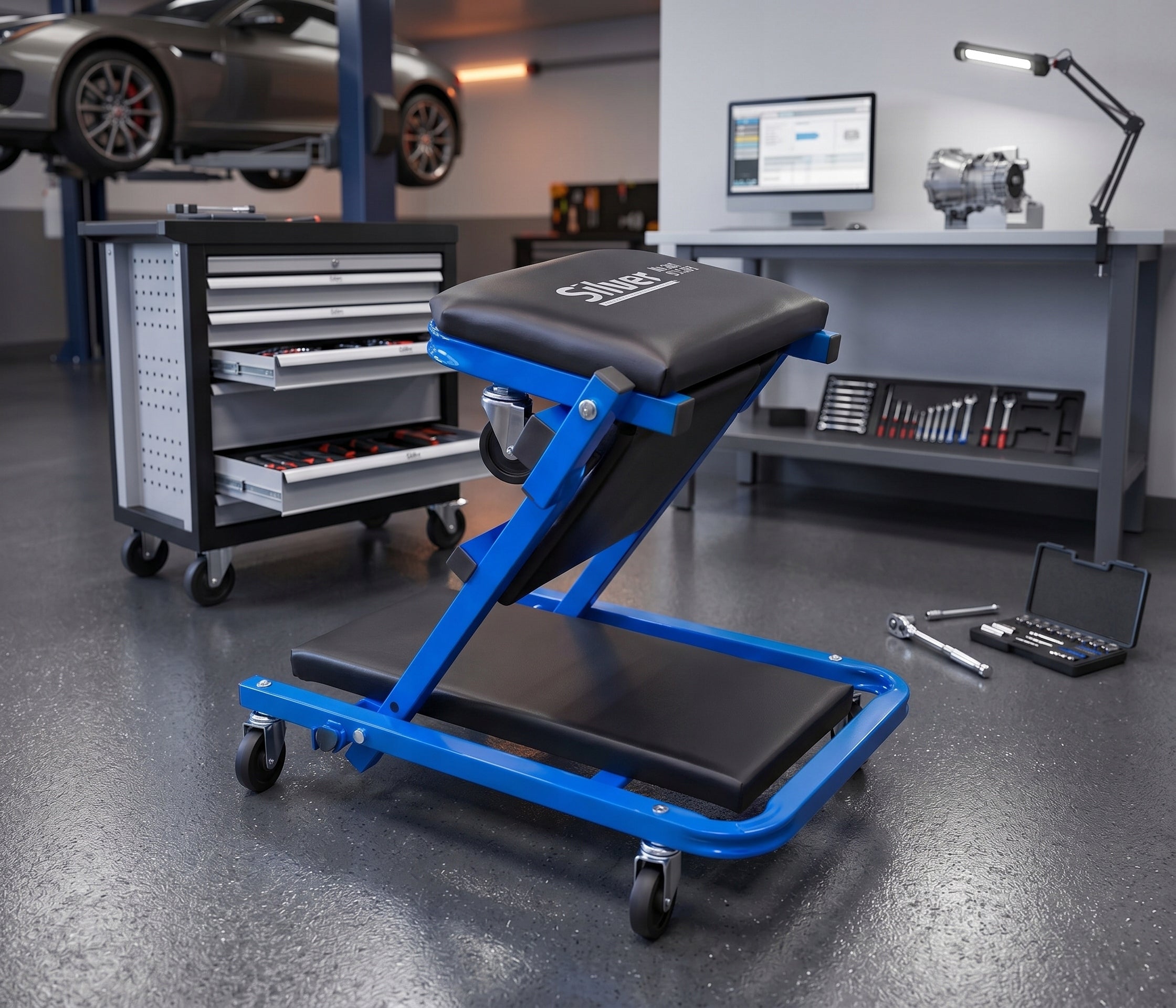 WORKSHOP COUCH FOLDING 2IN1 WORKSHOP STOOL 6 x WHEELS 150KG Brand Silver
