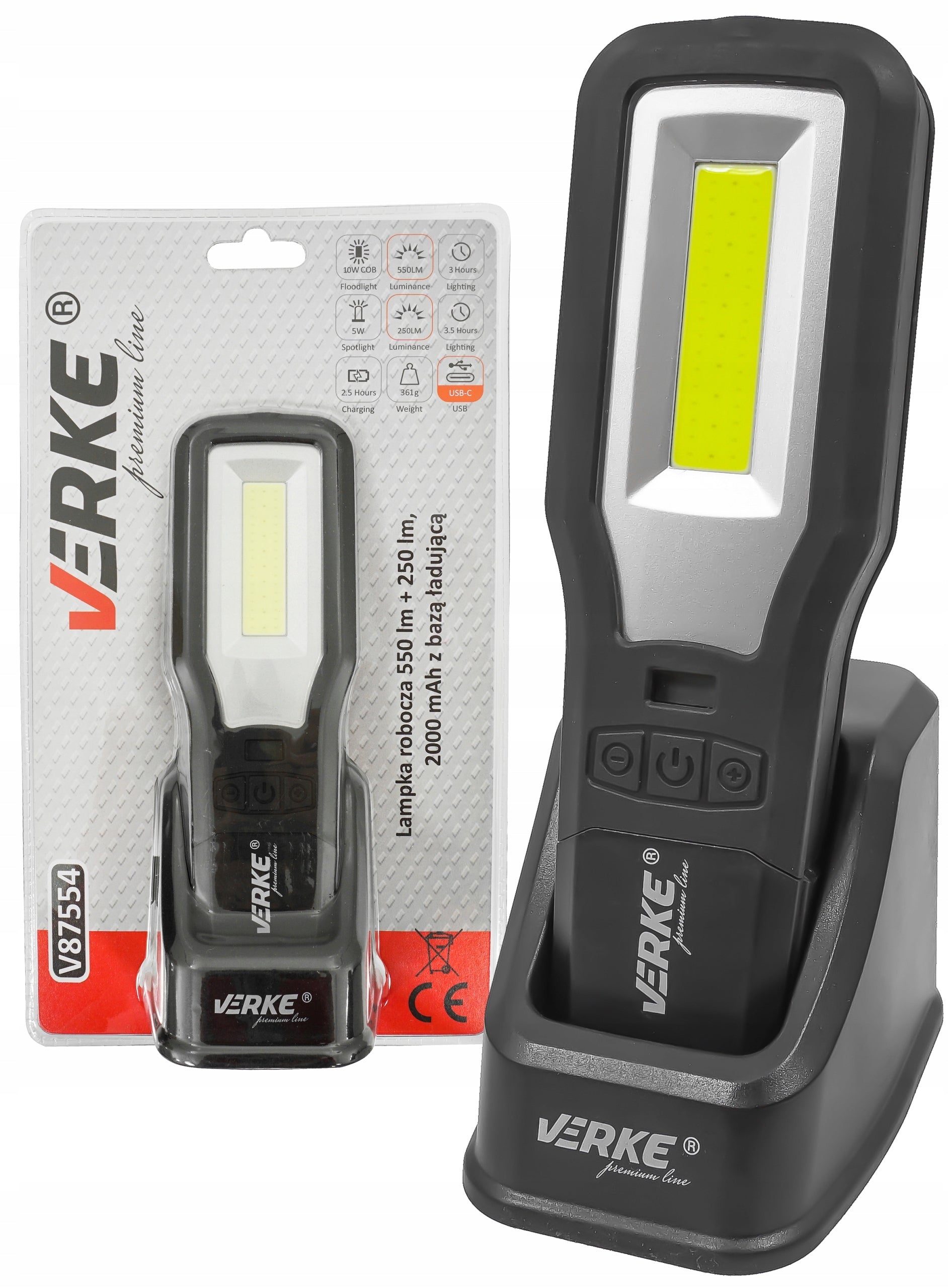 WORKSHOP LAMP WORKING LED COB RECHARGEABLE FLASHLIGHT WITH BASE USB HOOK Brand Verke