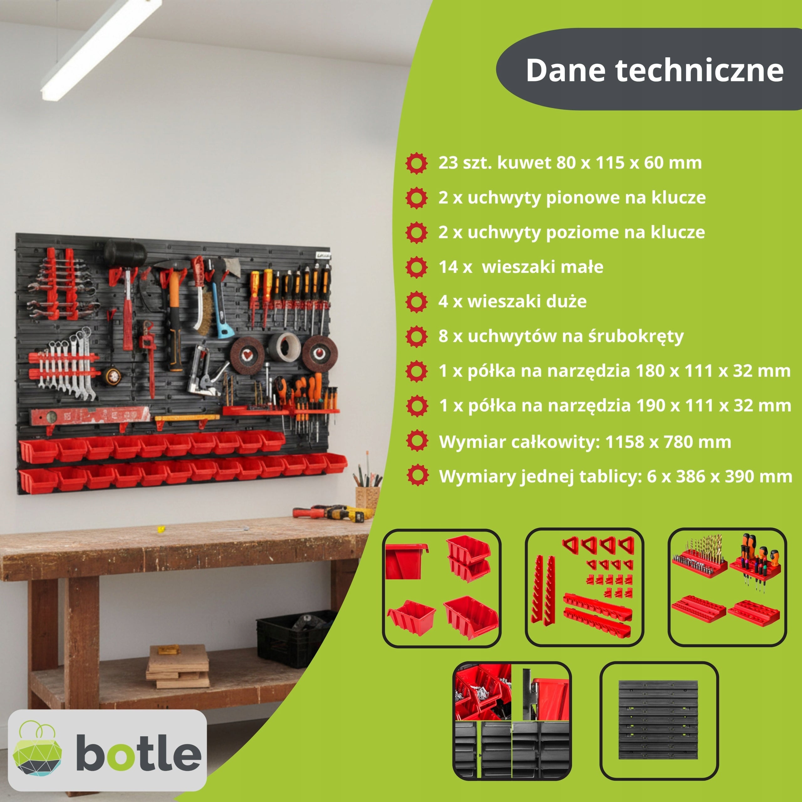 WORKSHOP TOOL BOARD WALL 116x80cm + 23 CUVETTES GARAGE HANDLES Manufacturer code 5904865739370