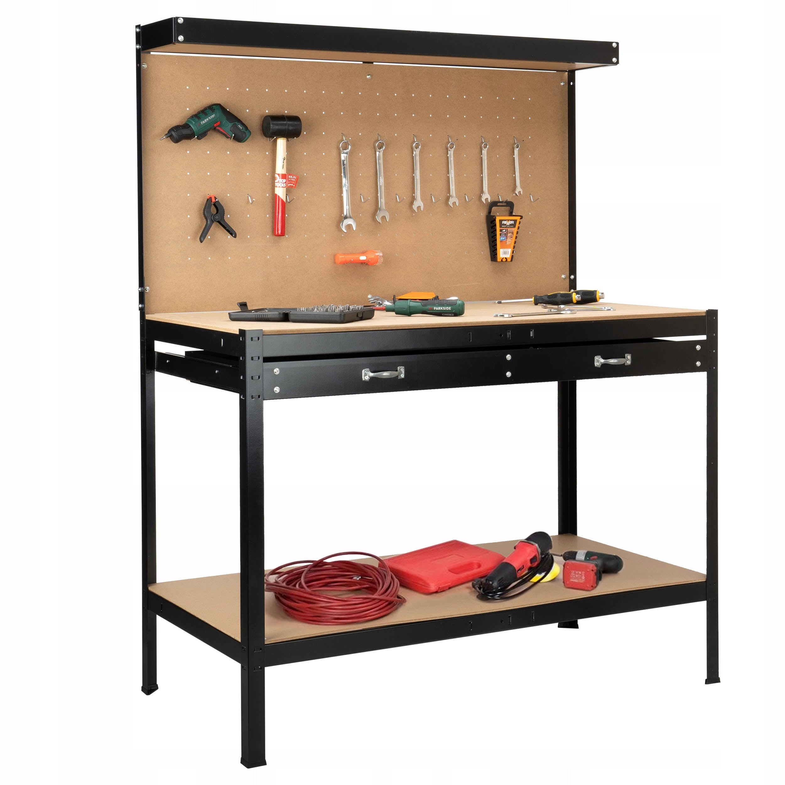 WORKSHOP TOOL TABLE FOR GARAGE WORKSHOP SOLID LARGE COUNTERTOP HOOKS Product height 155 cm