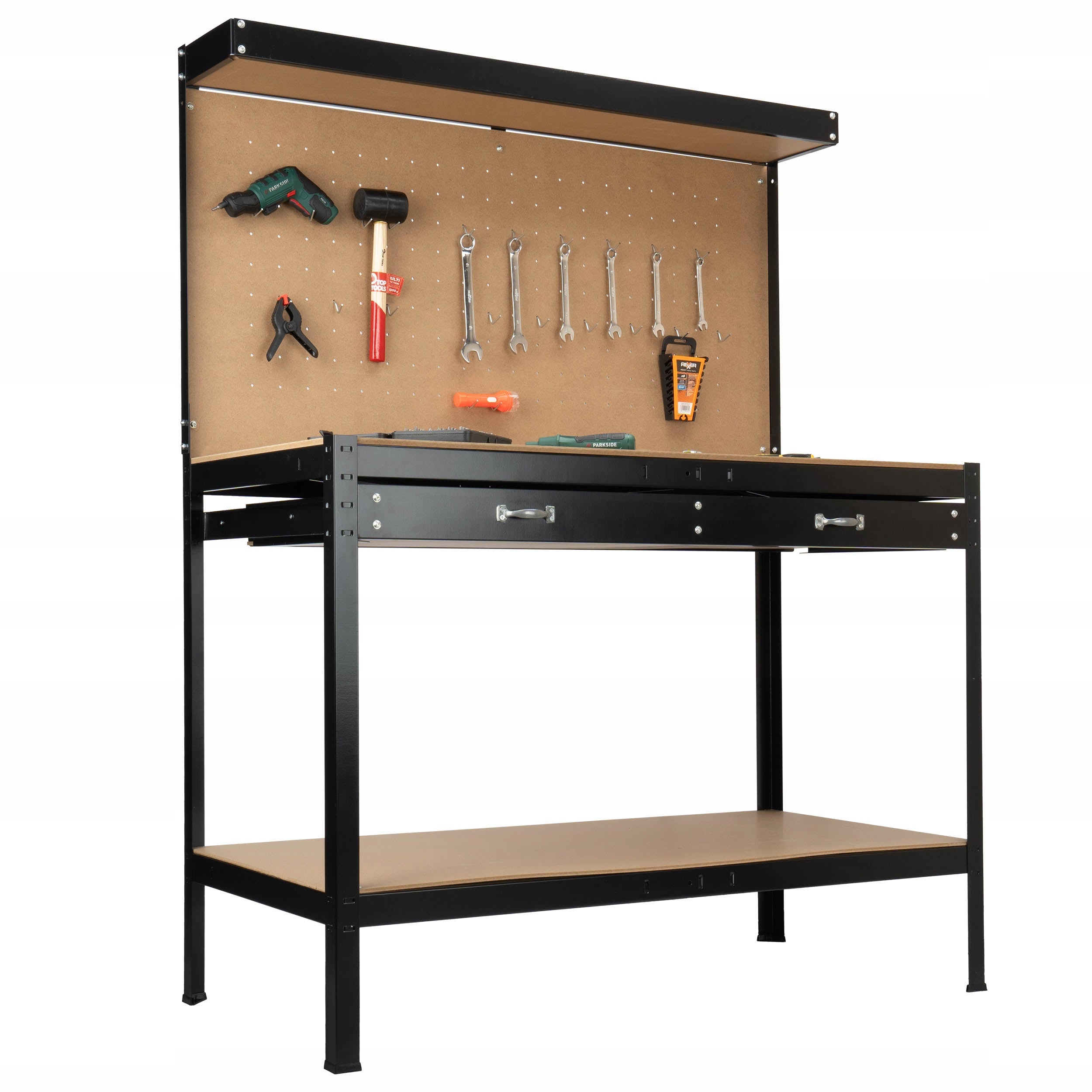 WORKSHOP TOOL TABLE FOR GARAGE WORKSHOP SOLID LARGE COUNTERTOP HOOKS Product width 120 cm