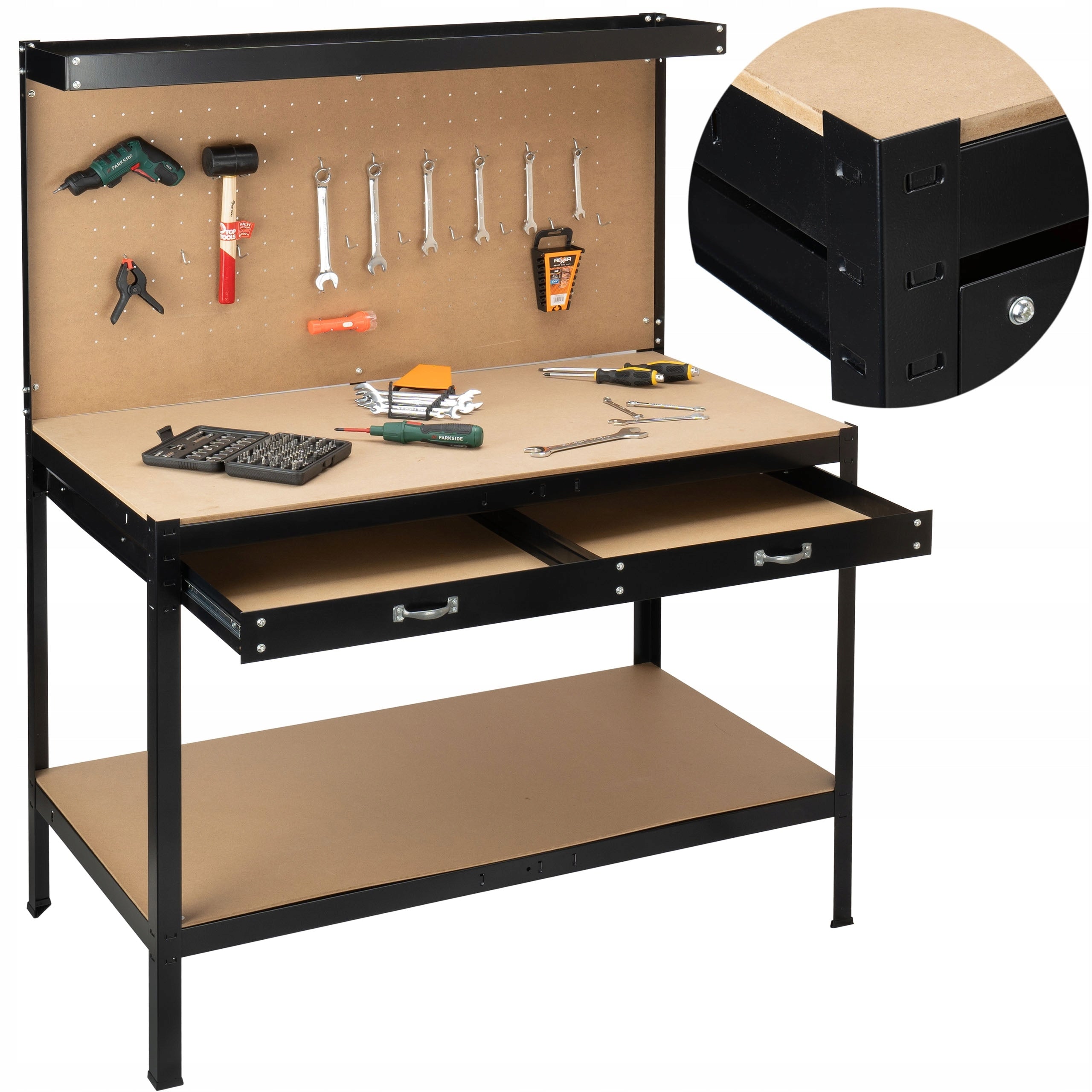 WORKSHOP TOOL TABLE FOR GARAGE WORKSHOP SOLID LARGE COUNTERTOP HOOKS