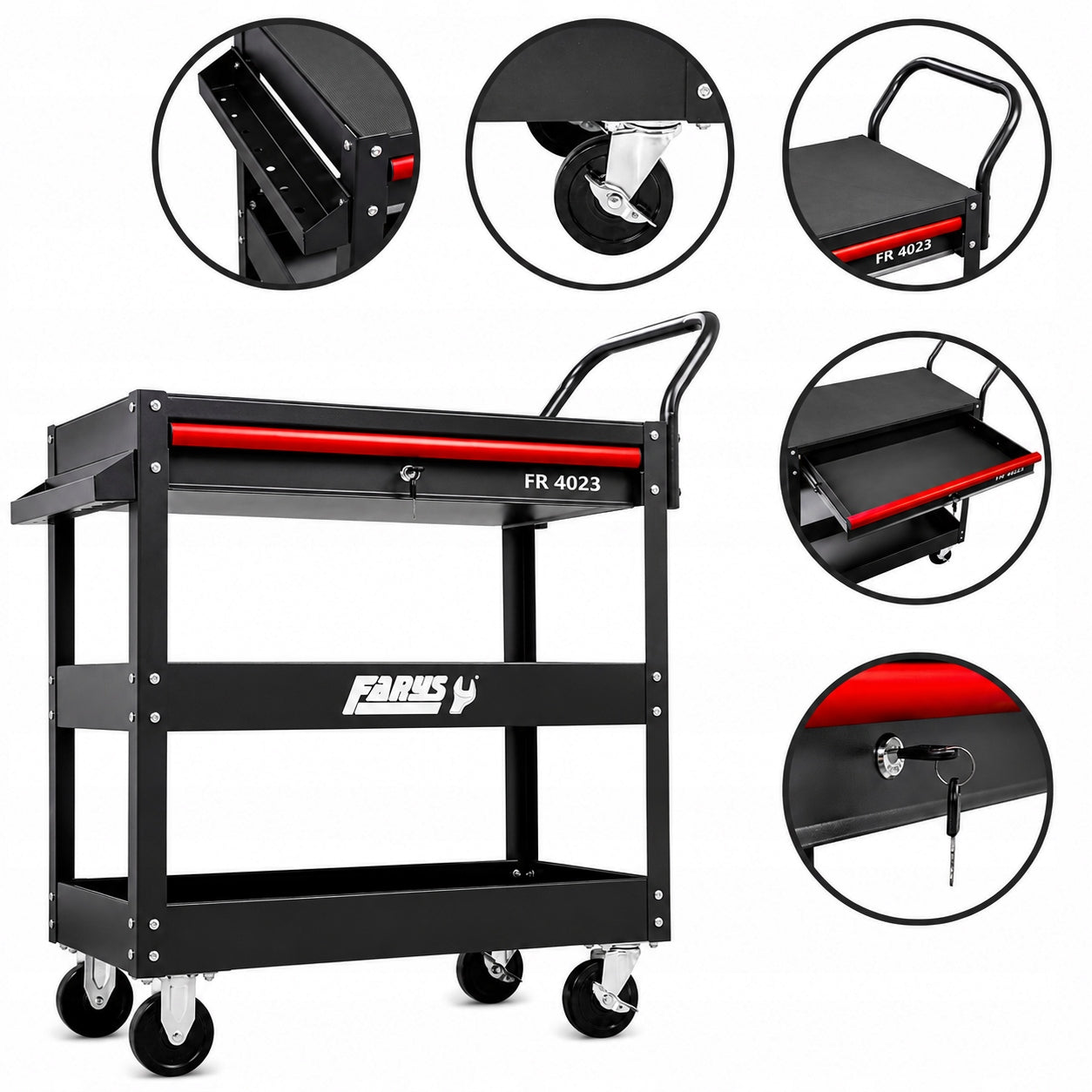 WORKSHOP TOOL TROLLEY ON WHEELS 3 SHELVES DRAWER FARYS