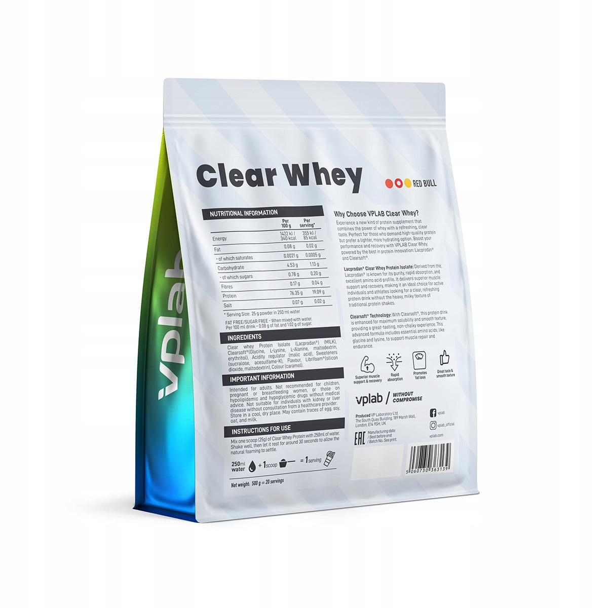 WPI Protein VPLab Clear Whey 500g Taste Red Bull Sugar Free Isolate 20 Servings Expiration date at least six months from the date of purchase