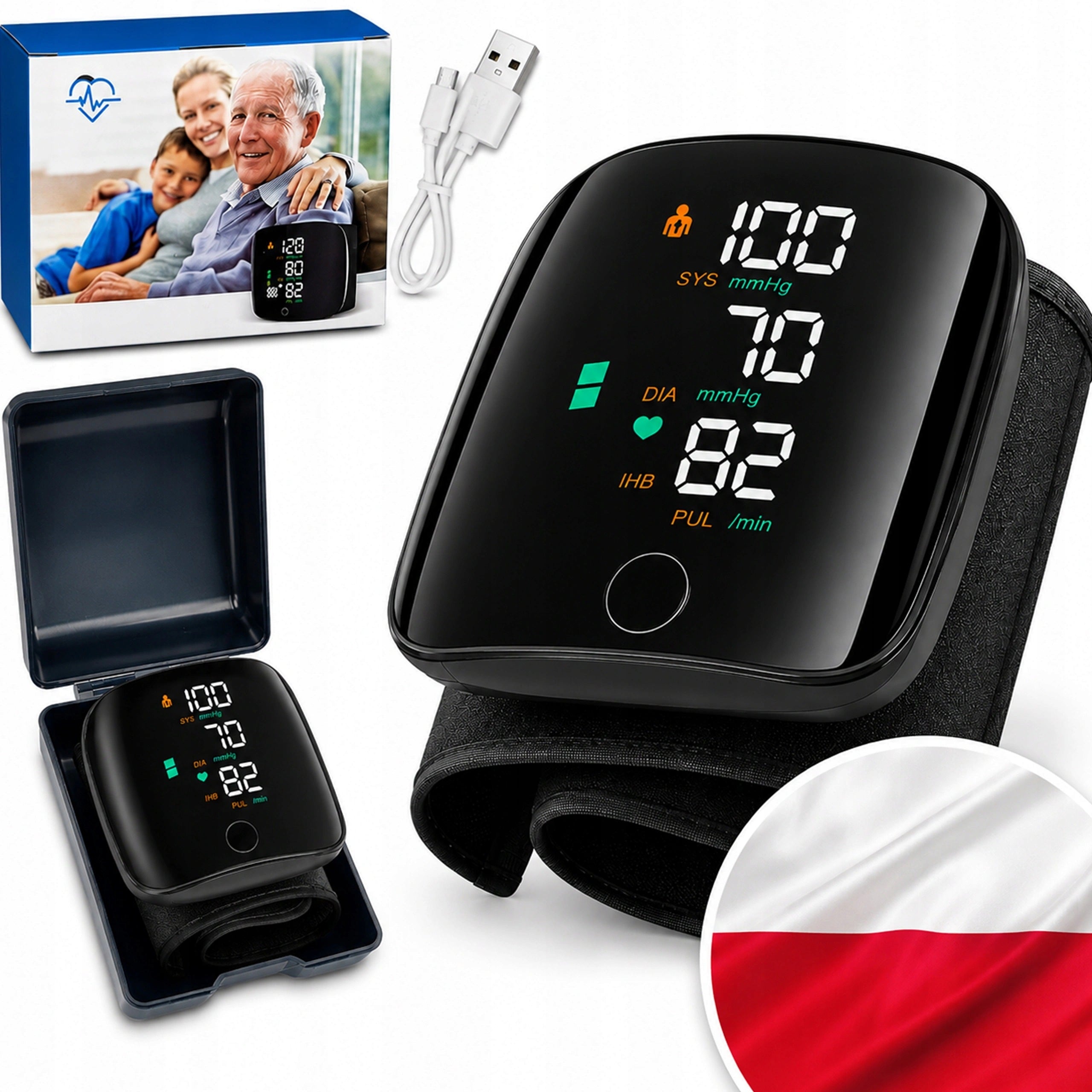 WRIST BLOOD PRESSURE MONITOR SPEAKS in Polish ARRHYTHMIA CASE BATTERY