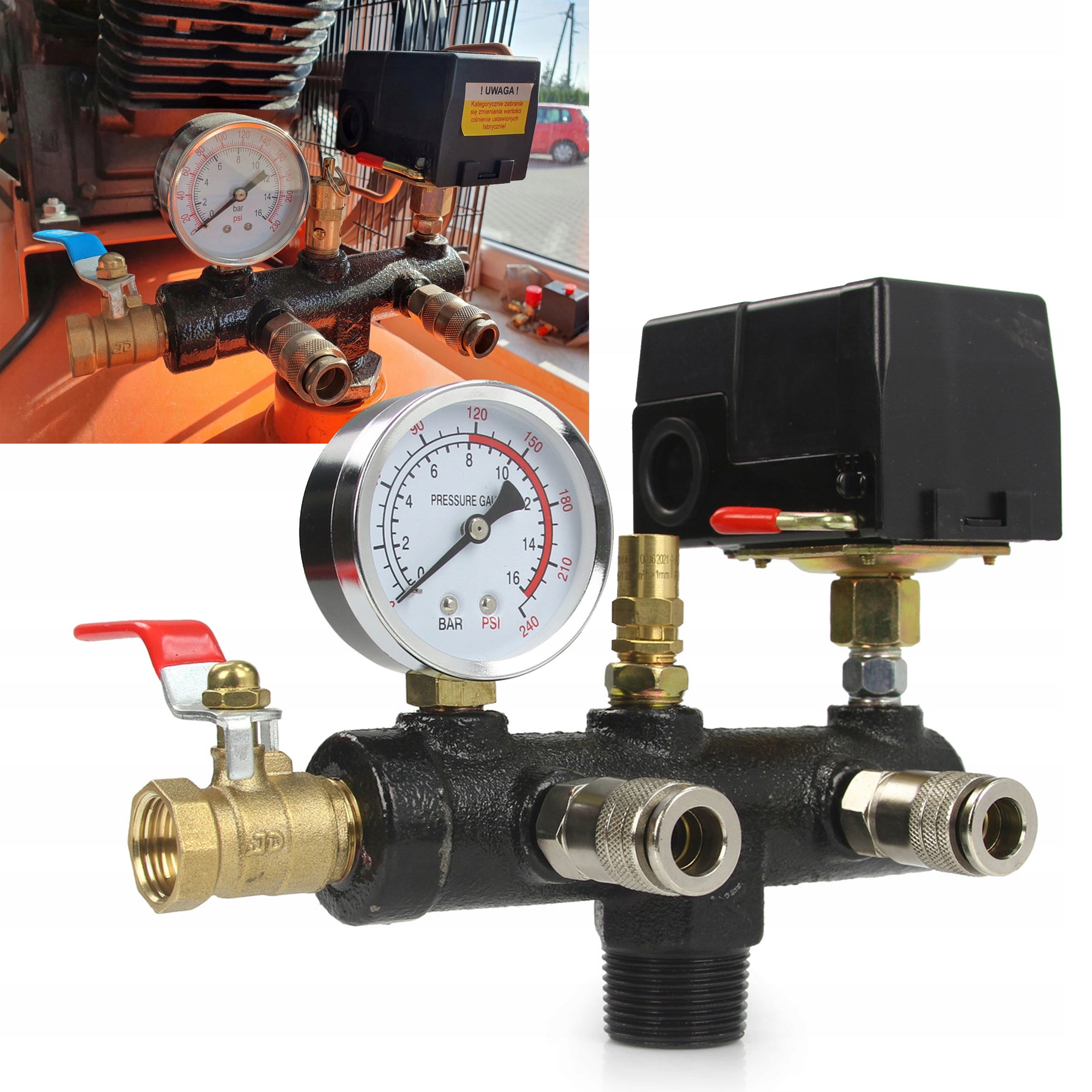 Kompressordruckrelais mit Schalter und Monometer 
