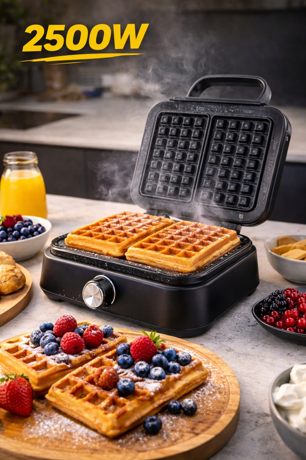 Waffle Iron 2 LARGE WAFFLES 1500W DEEP PLATES COATING TEFLON Manufacturer code Na 2 duże gofry nieprzywierająca mocna smart