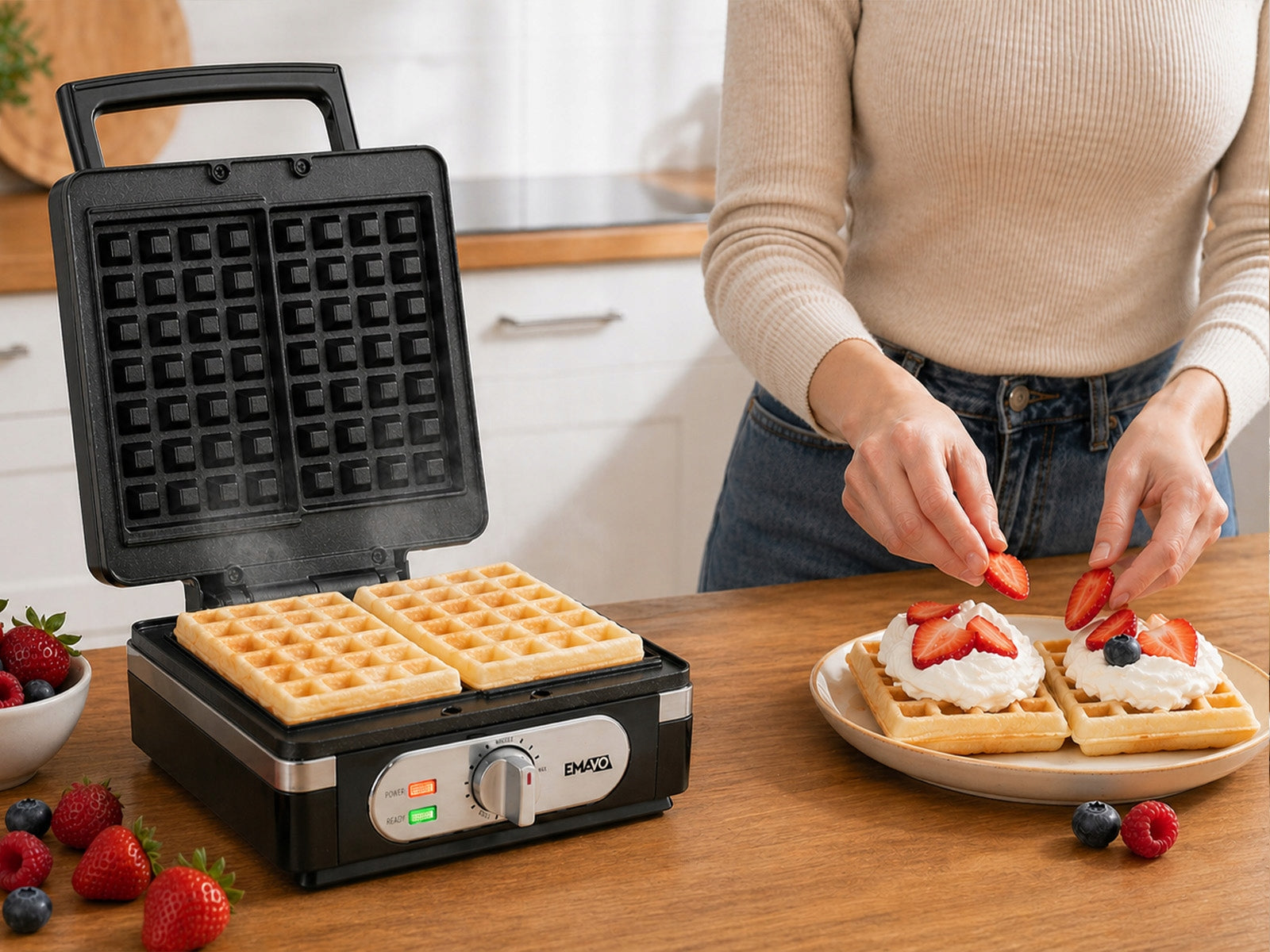 Waffle Iron 2 Large Crispy Waffles Strong Temperature Control 1400W Black Power rating 1400 W