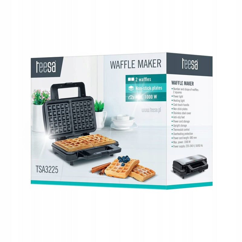 Waffle Iron 2 Waffles Squares 1000W Teesa High Power Nonstick Coating