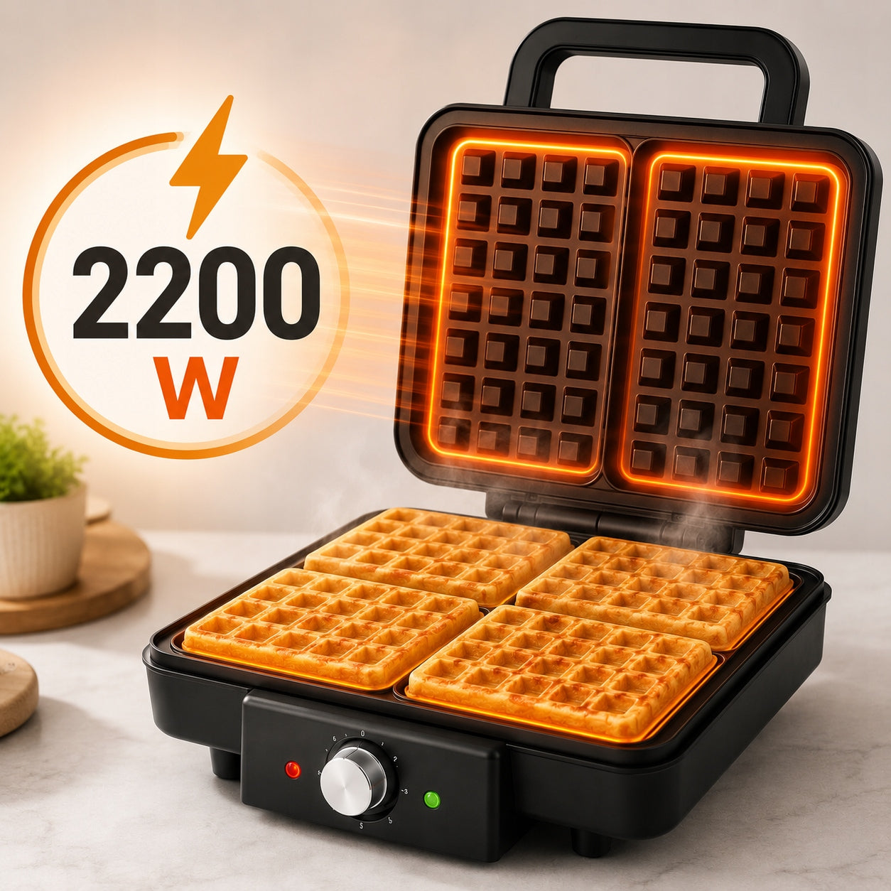 Waffle Iron 2200W 4 Waffles Simultaneously Strong Fast Nonstick For Home Packaging status original