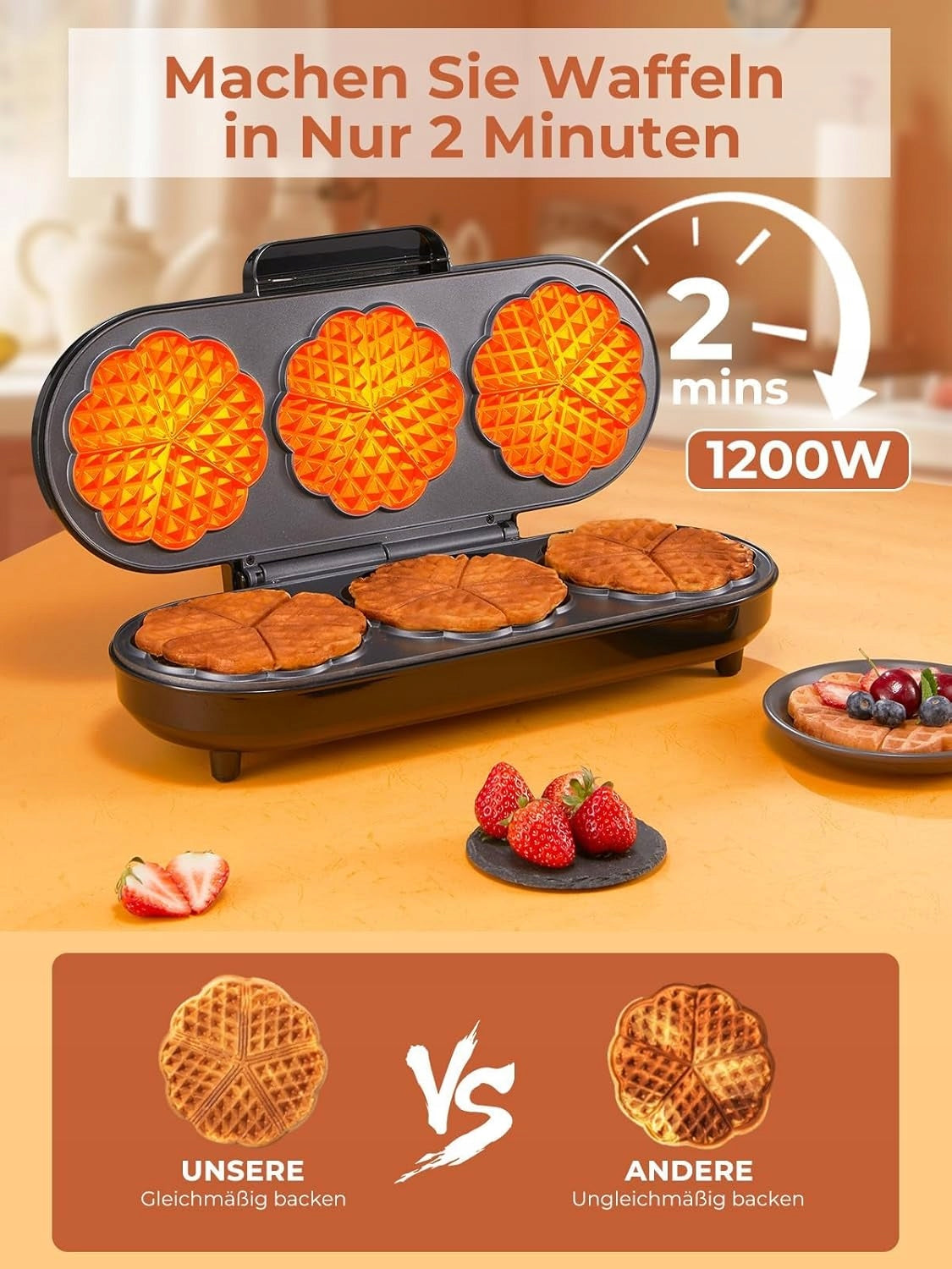 Waffle Iron FOHERE King Size 1200 W 15 waffles in 2 minutes Power rating 1200 W