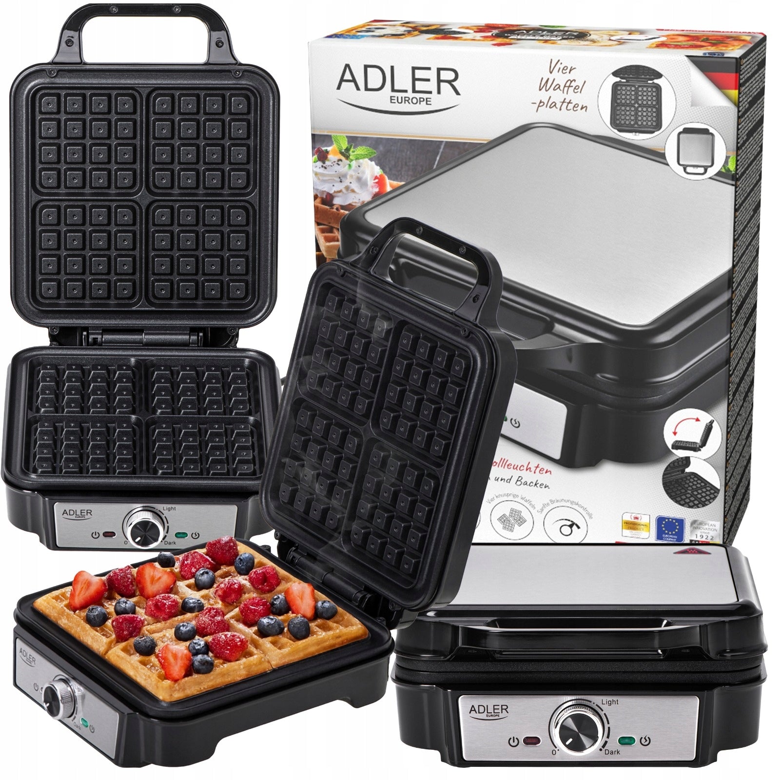 Waffle Iron For 4 Large Crispy Waffles Strong Temp Adjustment 1800W XXL Solid