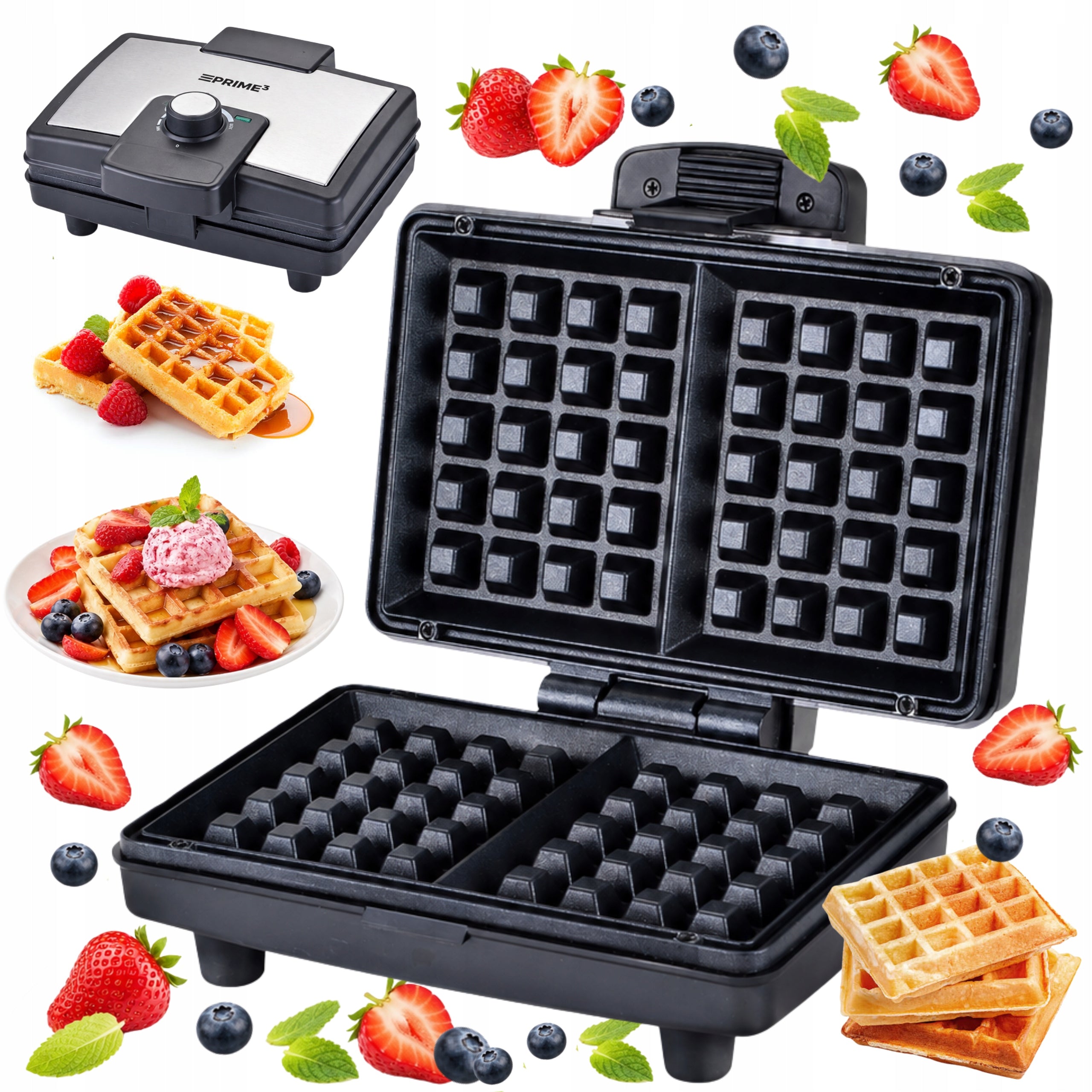 Waffle Iron PRIME3 SWM51 1300W Temperature Control 2 Waffles Non Stick