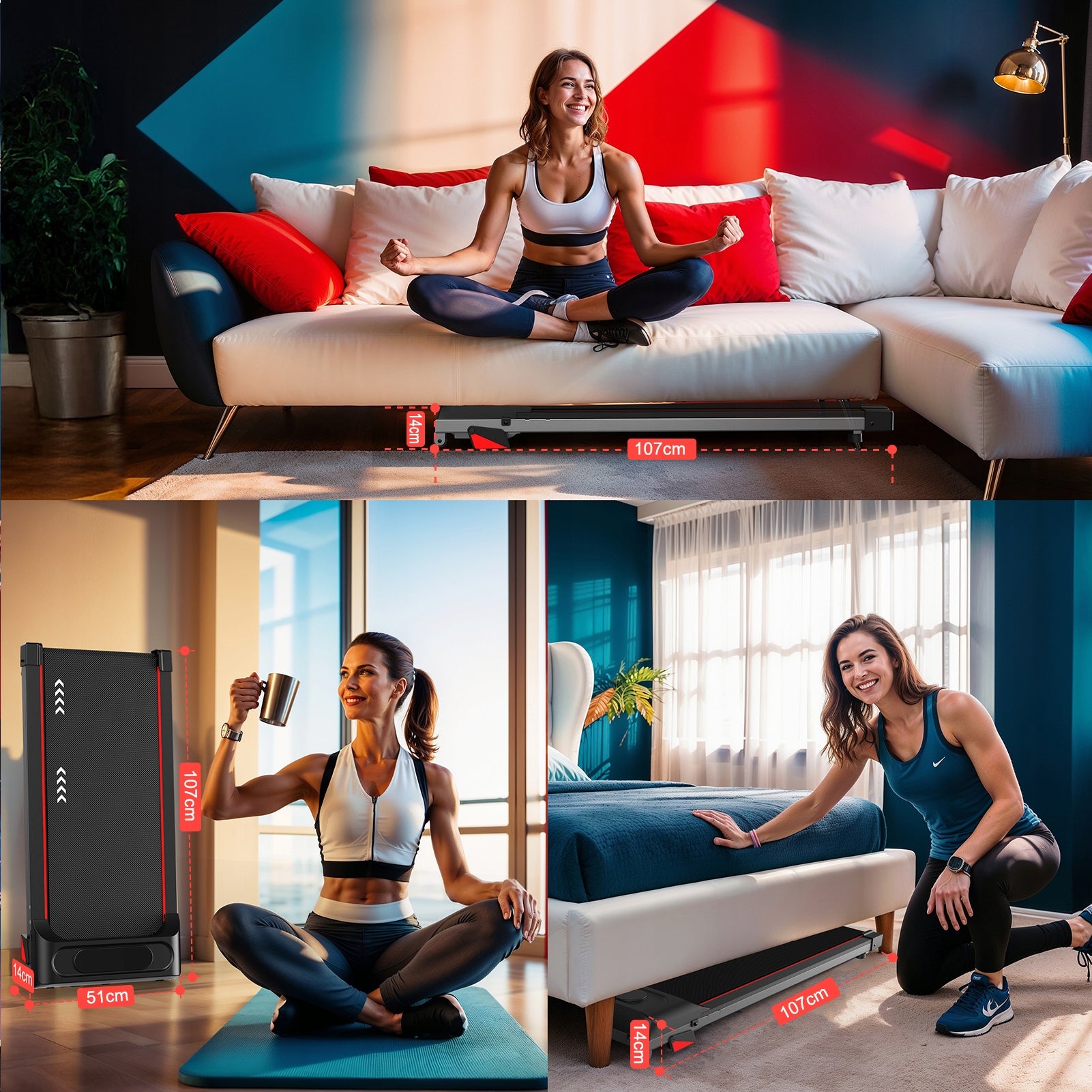Walking Treadmill Under Desk Walking Pad 1-6 km/h, 100kg, 4% Incline Measurements training duration distance number of steps speed burned calories