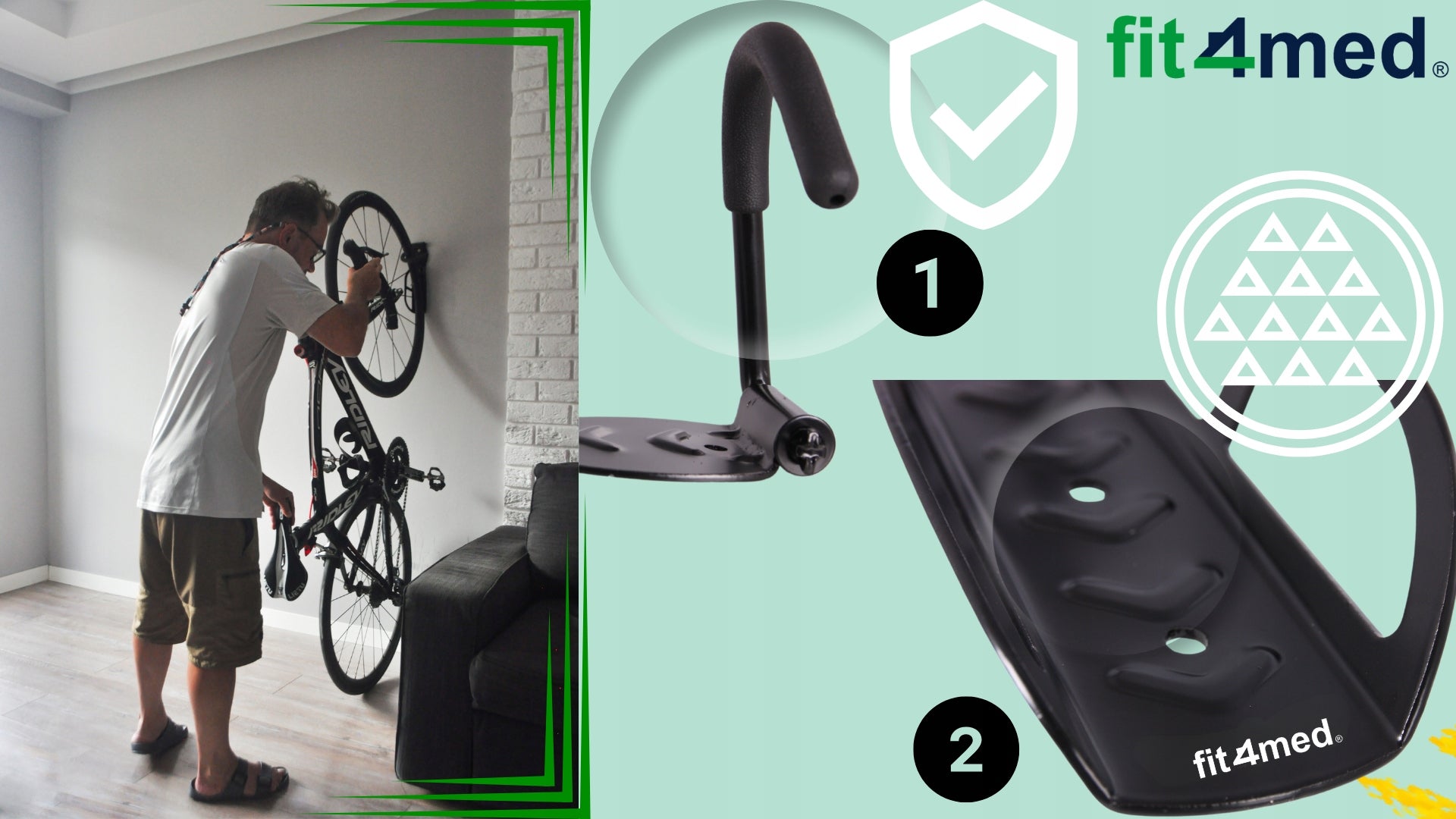 Wall HANGER for Bicycle Bikes 2x Bicycle Holder Black Strong Hook 8xPegs Brand Fit4Med