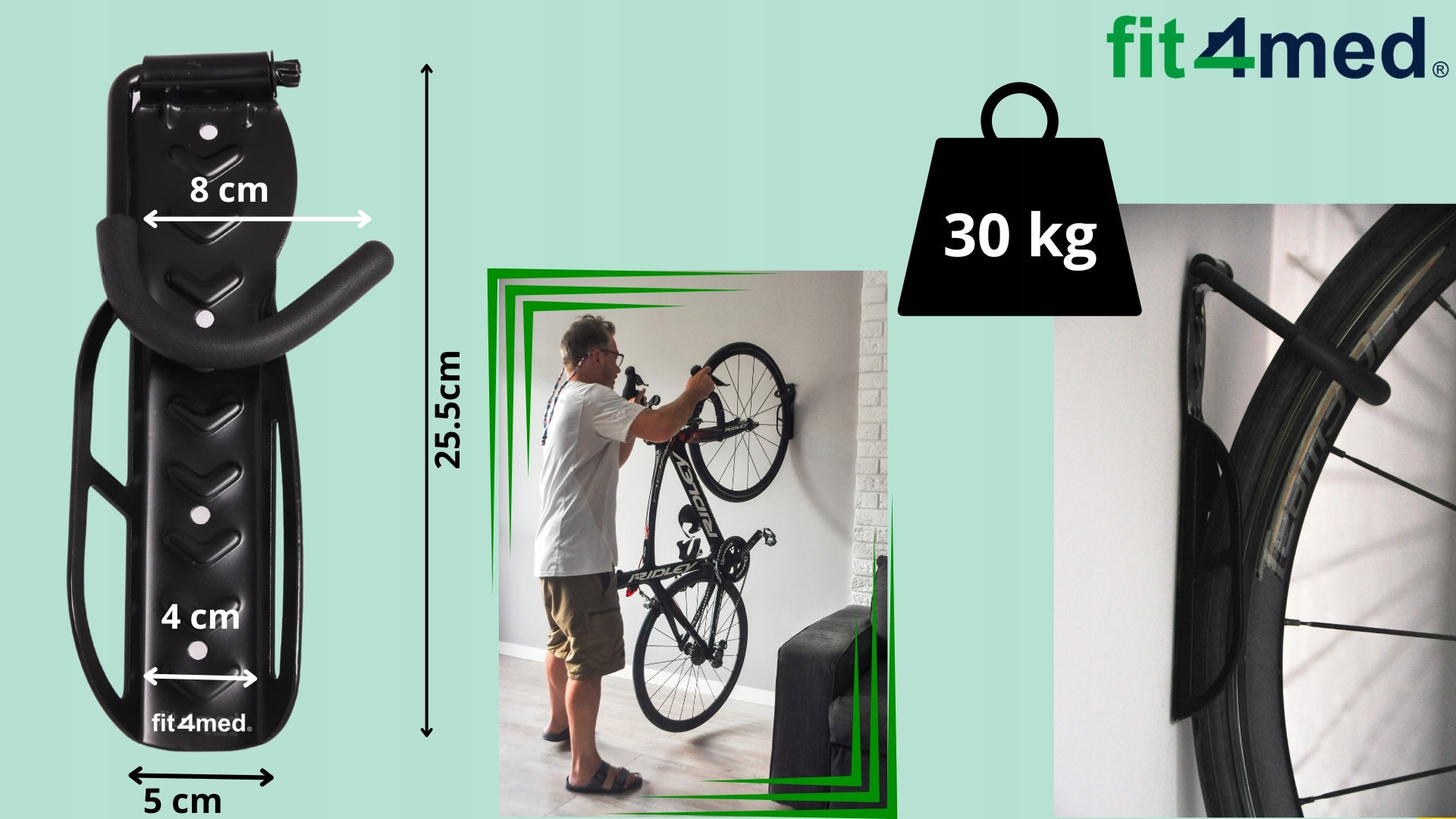 Wall HANGER for Bicycle Bikes 2x Bicycle Holder Black Strong Hook 8xPegs Product weight with unit packaging 0.3 kg