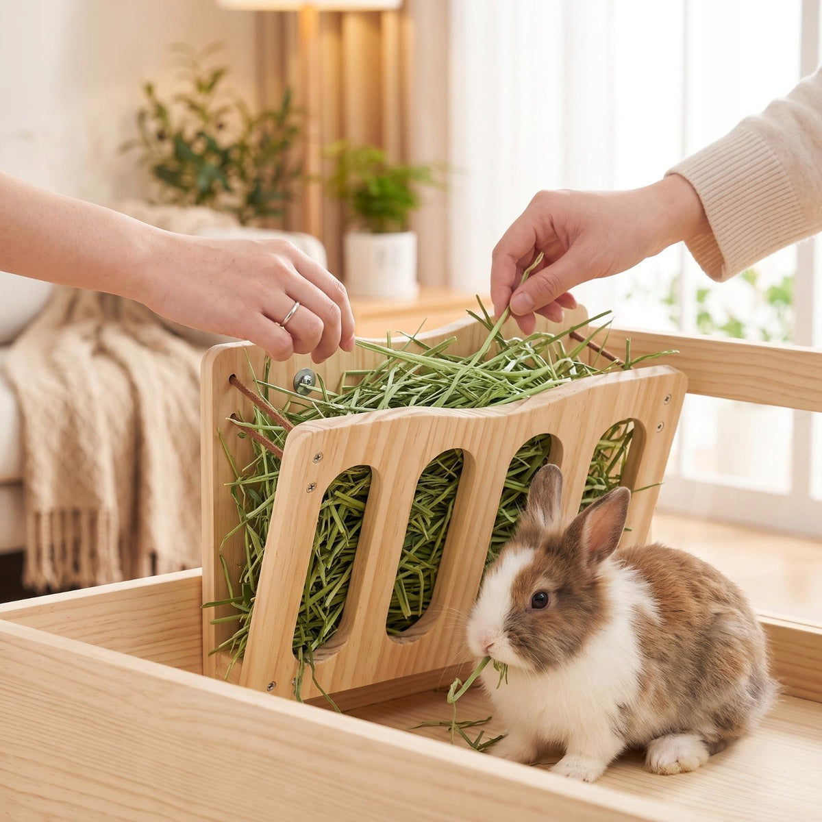 Wall Mounted Hay Feeder for Rabbits Guinea Pigs with Leather Straps Wooden Packaging status original