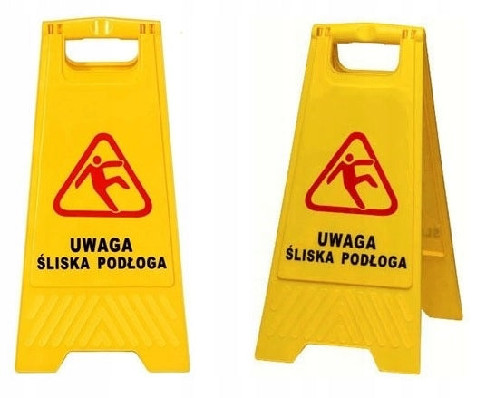 Warning board, stop sign. ATTENTION, SLIPPERY FLOOR