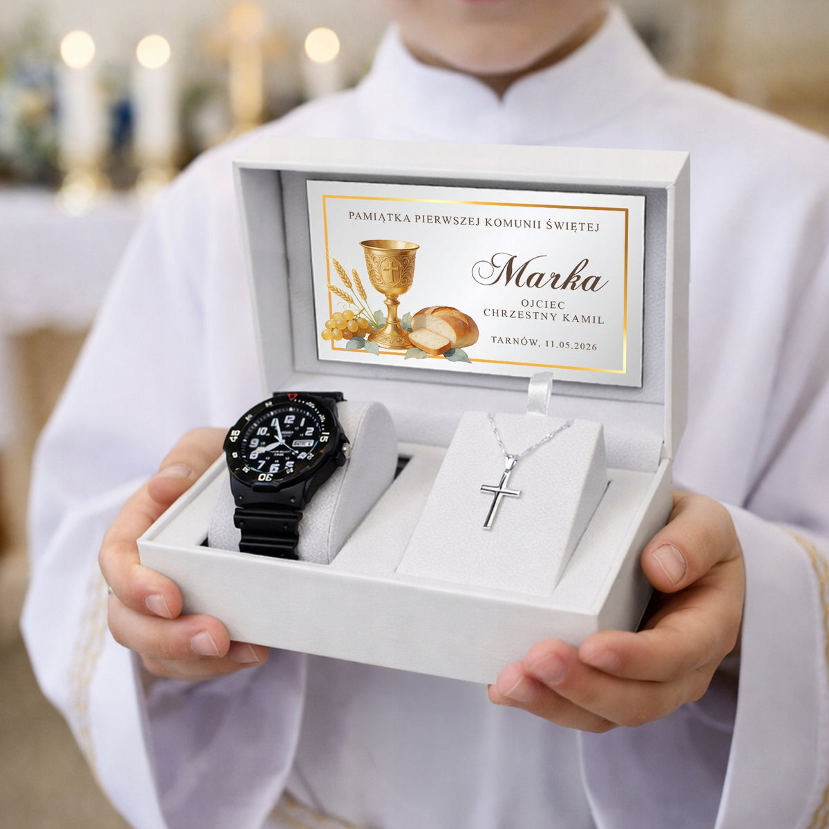 Watch Communion Gift for Boy Silver Cross Chain in Box Brand CASIO