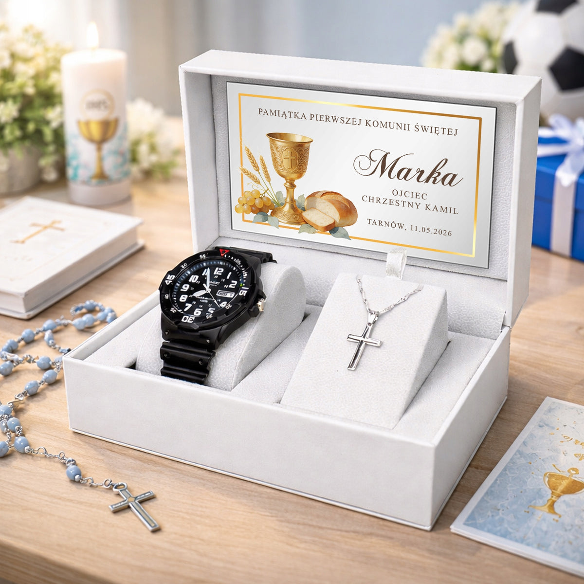 Watch Communion Gift for Boy Silver Cross Chain in Box Packaging status original