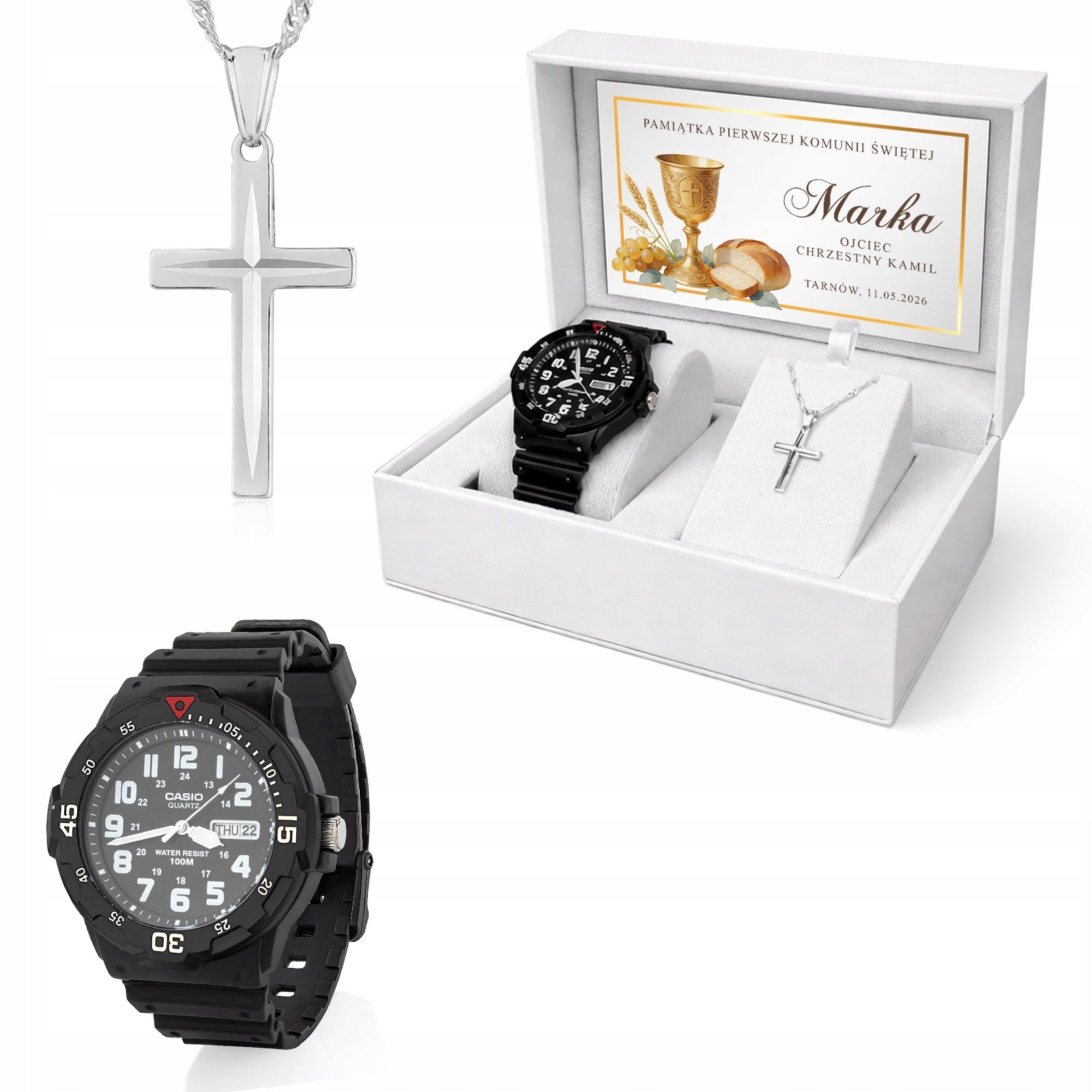 Watch Communion Gift for Boy Silver Cross Chain in Box
