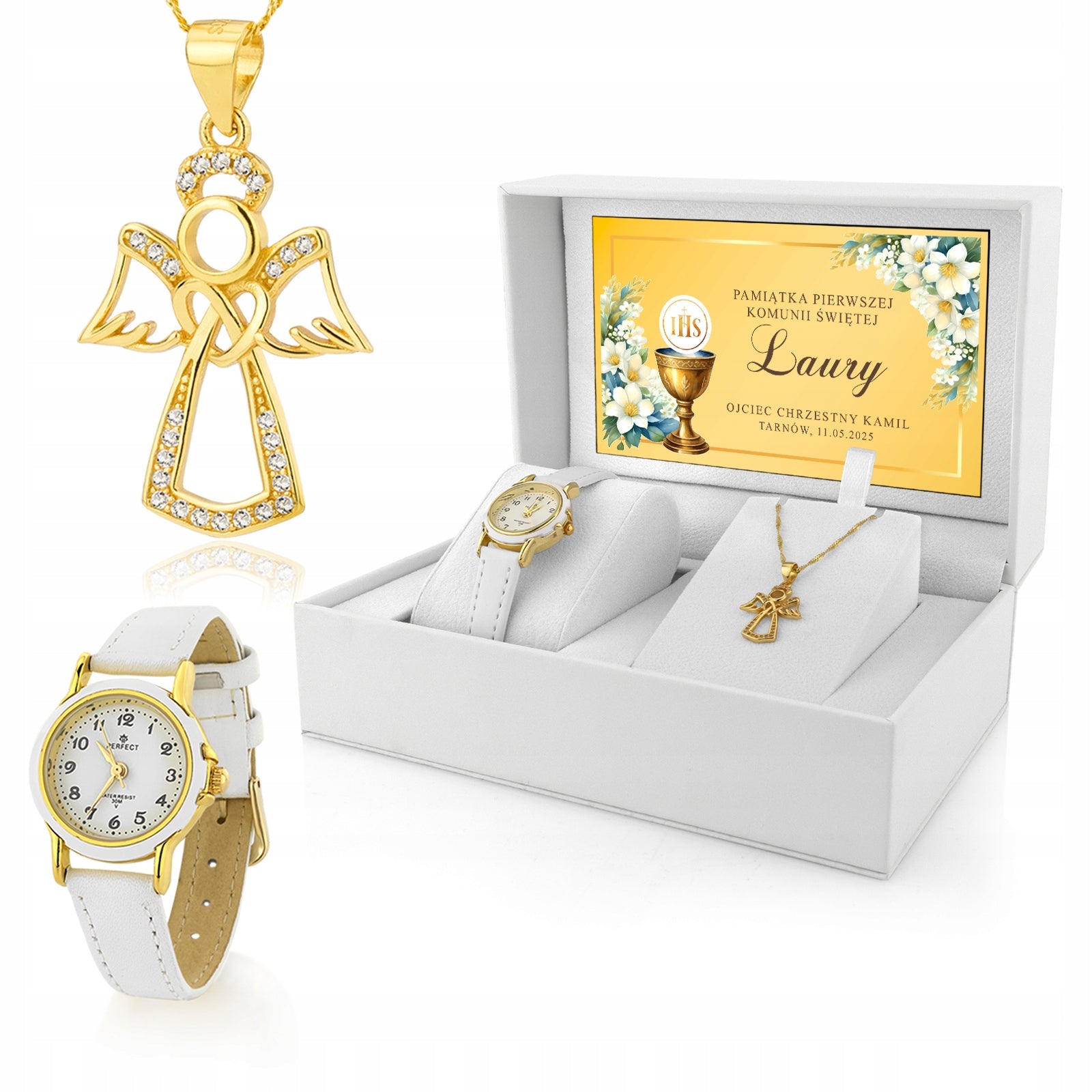 Watch Communion Gift for Girls White with Engraving Angel Necklace