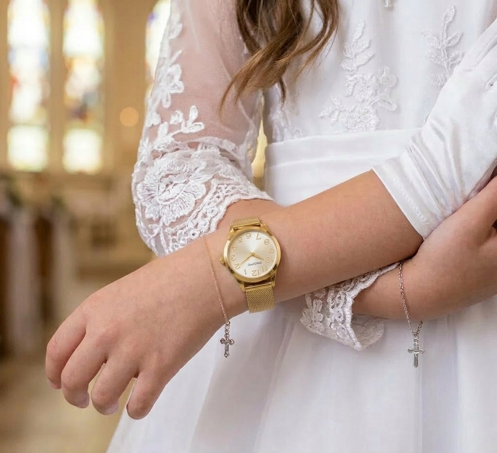 Watch PACIFIC COMMUNION set for girls with bracelet +ENGRAVING Model KOMUNIA-ZESTAW Z BRANSOLETKĄ-6131-złota tarcza