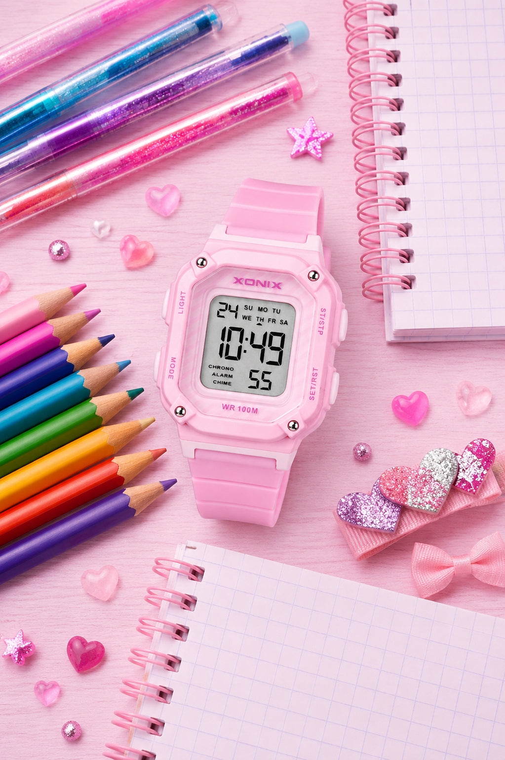 Watch XONIX children's pink 10 ATM alarm timer stopwatch WR100M Brand Xonix